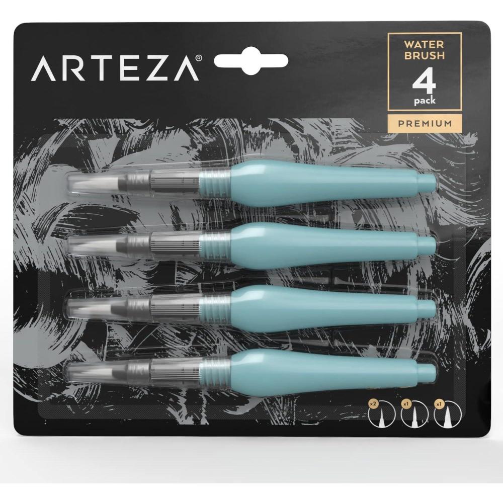 ARTEZA Water Brush Pen, Set of 4, Assorted Soft Nylon Bristle Tips, Self-Moistening Water Brush, Refillable Water Pen(Set of 4)