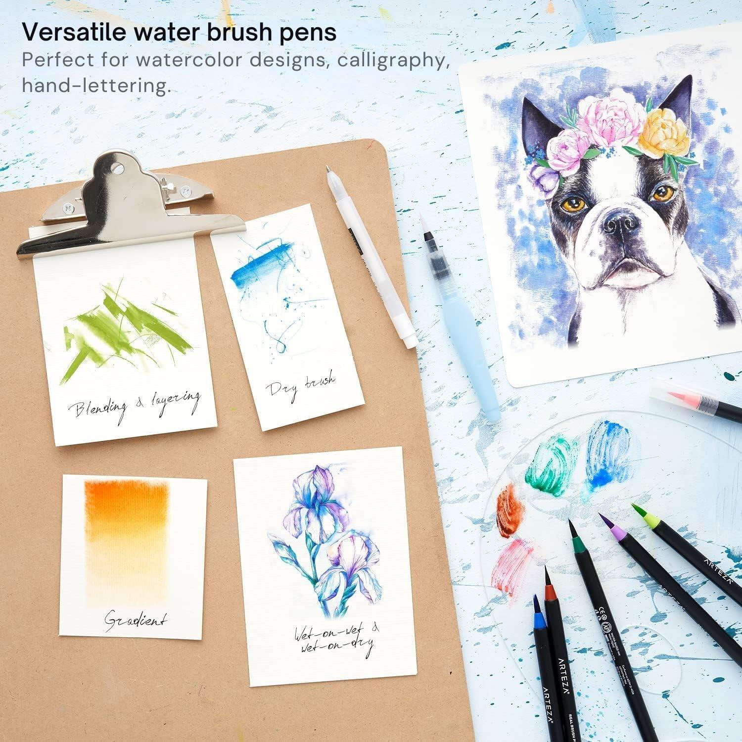 ARTEZA Water Brush Pen, Set of 4, Assorted Soft Nylon Bristle Tips, Self-Moistening Water Brush, Refillable Water Pen(Set of 4)