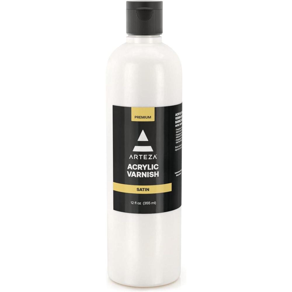 ARTEZA Satin Acrylic Varnish 12oz/355ml, UV-Protective, Clear Finish for Canvas, Wood & More – Protect Against Dust, Dirt and Scratches(Satin)
