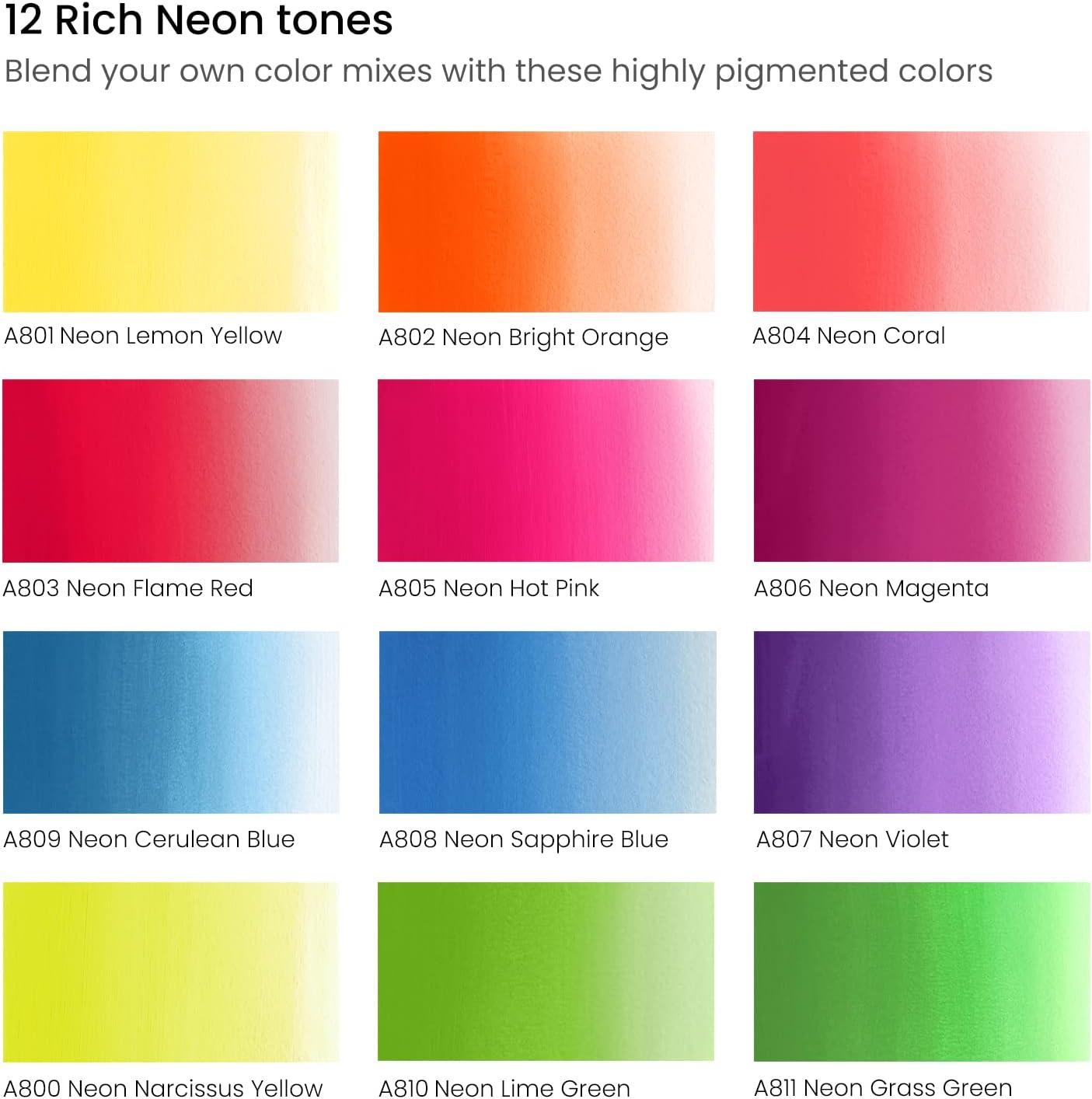 Arteza Gouache Paint, 12 Colors, Neon Tones, 0.4 US fl oz Tubes, Opaque Water-Based Paint for Canvas and Paper, Art Supplies for Professionals, Students