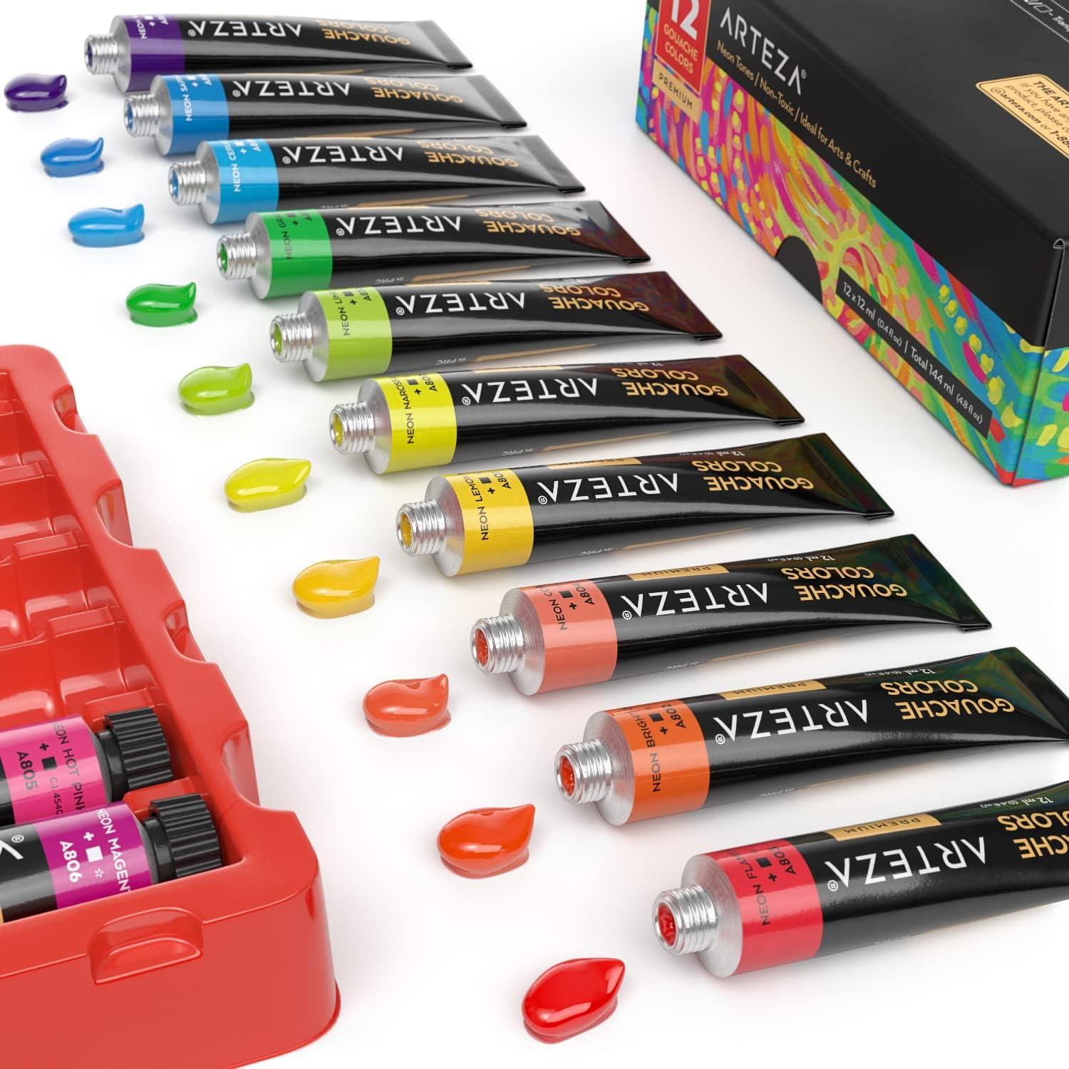 Arteza Gouache Paint, 12 Colors, Neon Tones, 0.4 US fl oz Tubes, Opaque Water-Based Paint for Canvas and Paper, Art Supplies for Professionals, Students