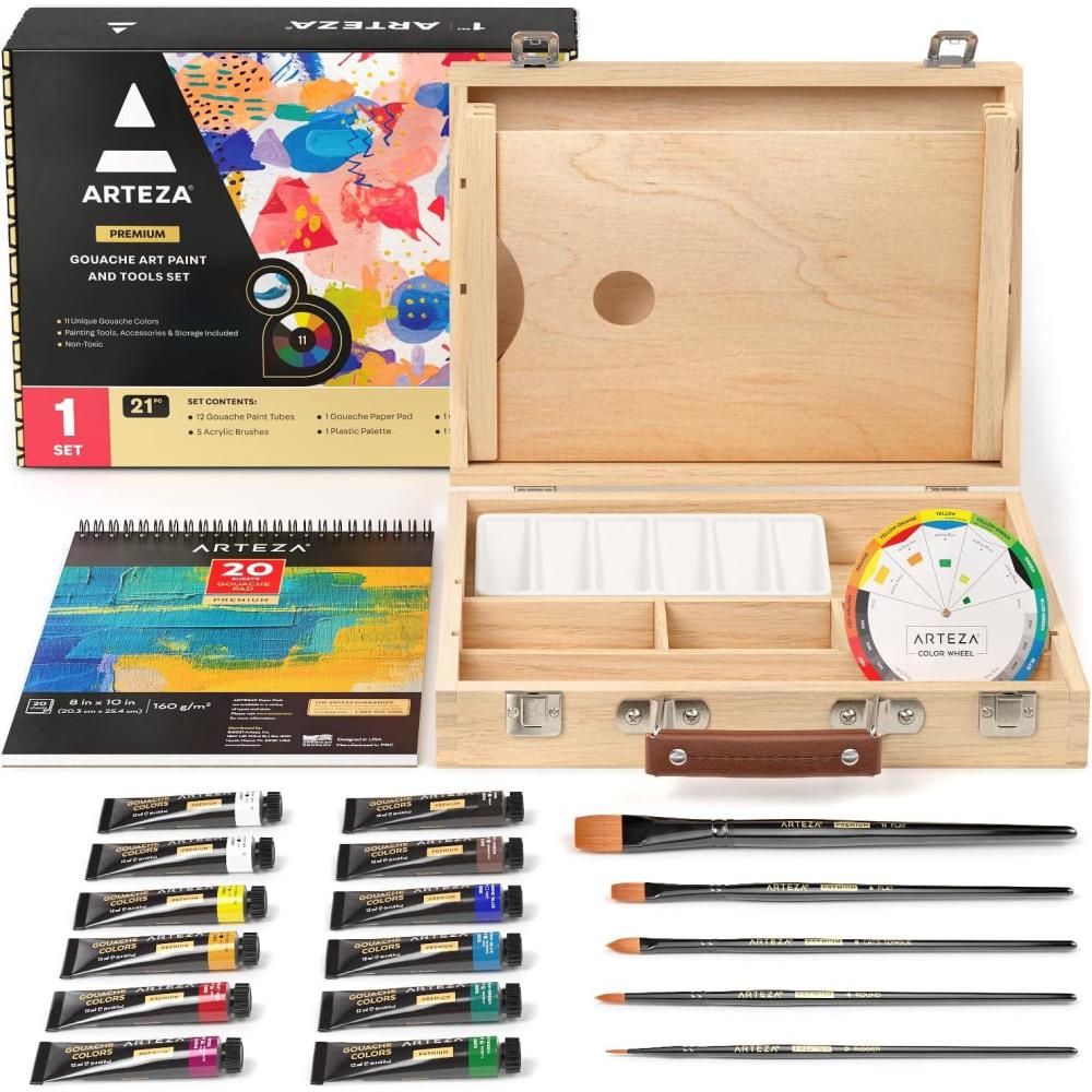Arteza Gouache Paint Kit, 21 Pieces Art Set, 12 Gouache Art Paint Tubes, 5 Acrylic Brushes, Paper Pad, Plastic Palette, and Wooden Storage Case, Art Supplies for Professional Artists and Hobbyists(Gouache)