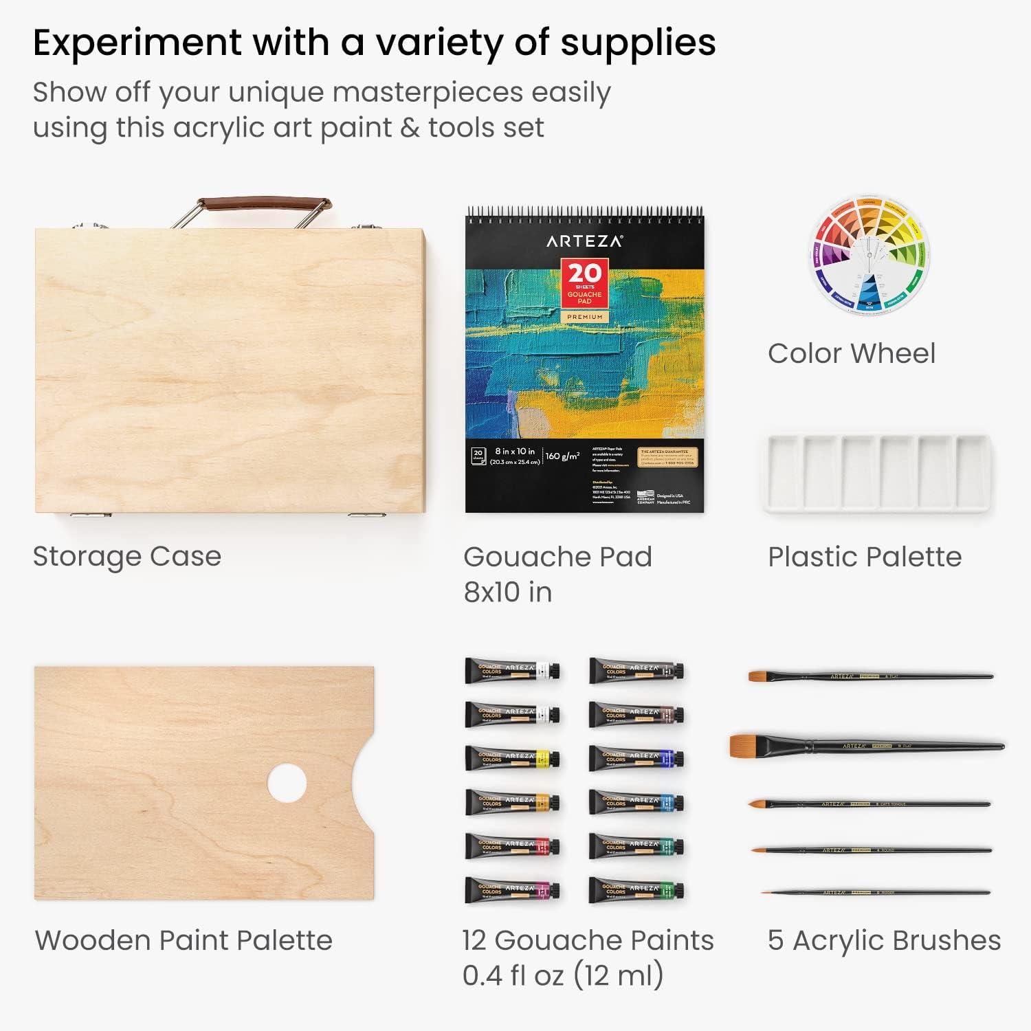 Arteza Gouache Paint Kit, 21 Pieces Art Set, 12 Gouache Art Paint Tubes, 5 Acrylic Brushes, Paper Pad, Plastic Palette, and Wooden Storage Case, Art Supplies for Professional Artists and Hobbyists(Gouache)