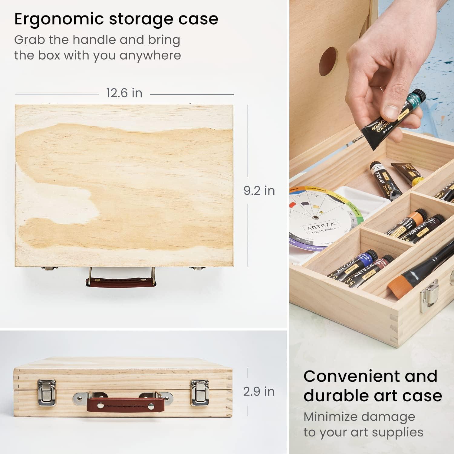 Arteza Gouache Paint Kit, 21 Pieces Art Set, 12 Gouache Art Paint Tubes, 5 Acrylic Brushes, Paper Pad, Plastic Palette, and Wooden Storage Case, Art Supplies for Professional Artists and Hobbyists(Gouache)