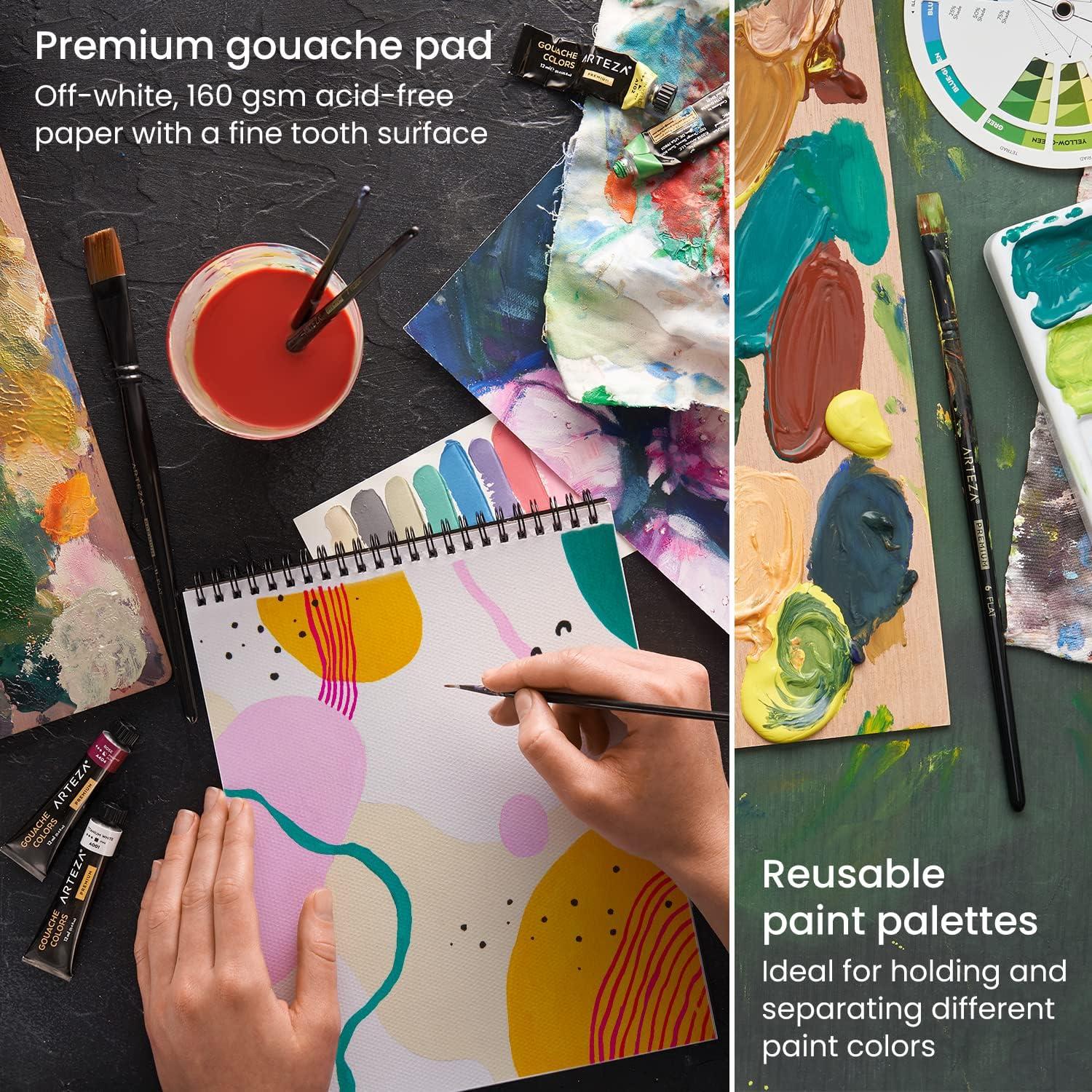 Arteza Gouache Paint Kit, 21 Pieces Art Set, 12 Gouache Art Paint Tubes, 5 Acrylic Brushes, Paper Pad, Plastic Palette, and Wooden Storage Case, Art Supplies for Professional Artists and Hobbyists(Gouache)