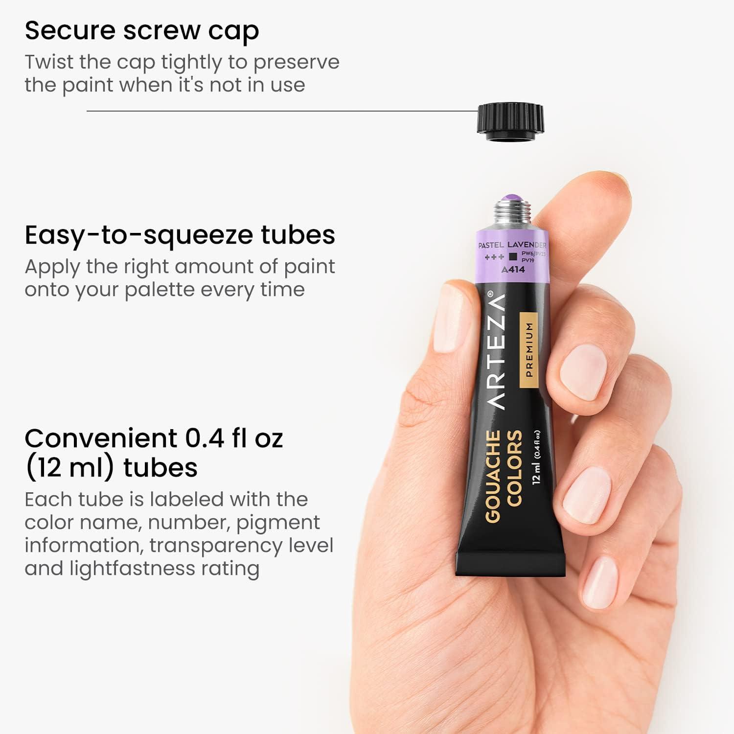 Arteza Gouache Paint, 12 Colors, Pastel Tones, 0.4 US fl oz Tubes, Opaque Water-Based Paint for Canvas and Paper, Art Supplies for Professionals, Students