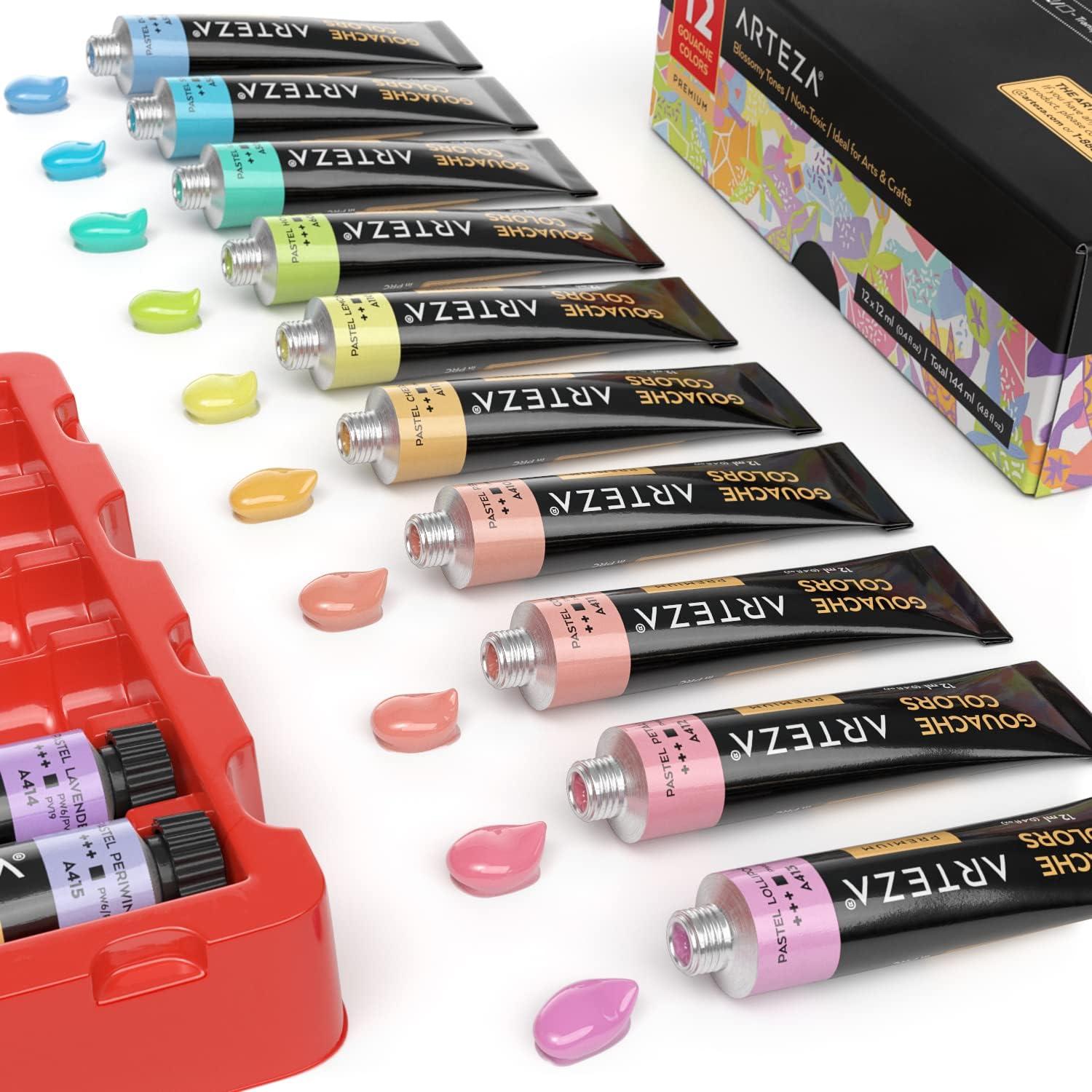 Arteza Gouache Paint, 12 Colors, Pastel Tones, 0.4 US fl oz Tubes, Opaque Water-Based Paint for Canvas and Paper, Art Supplies for Professionals, Students