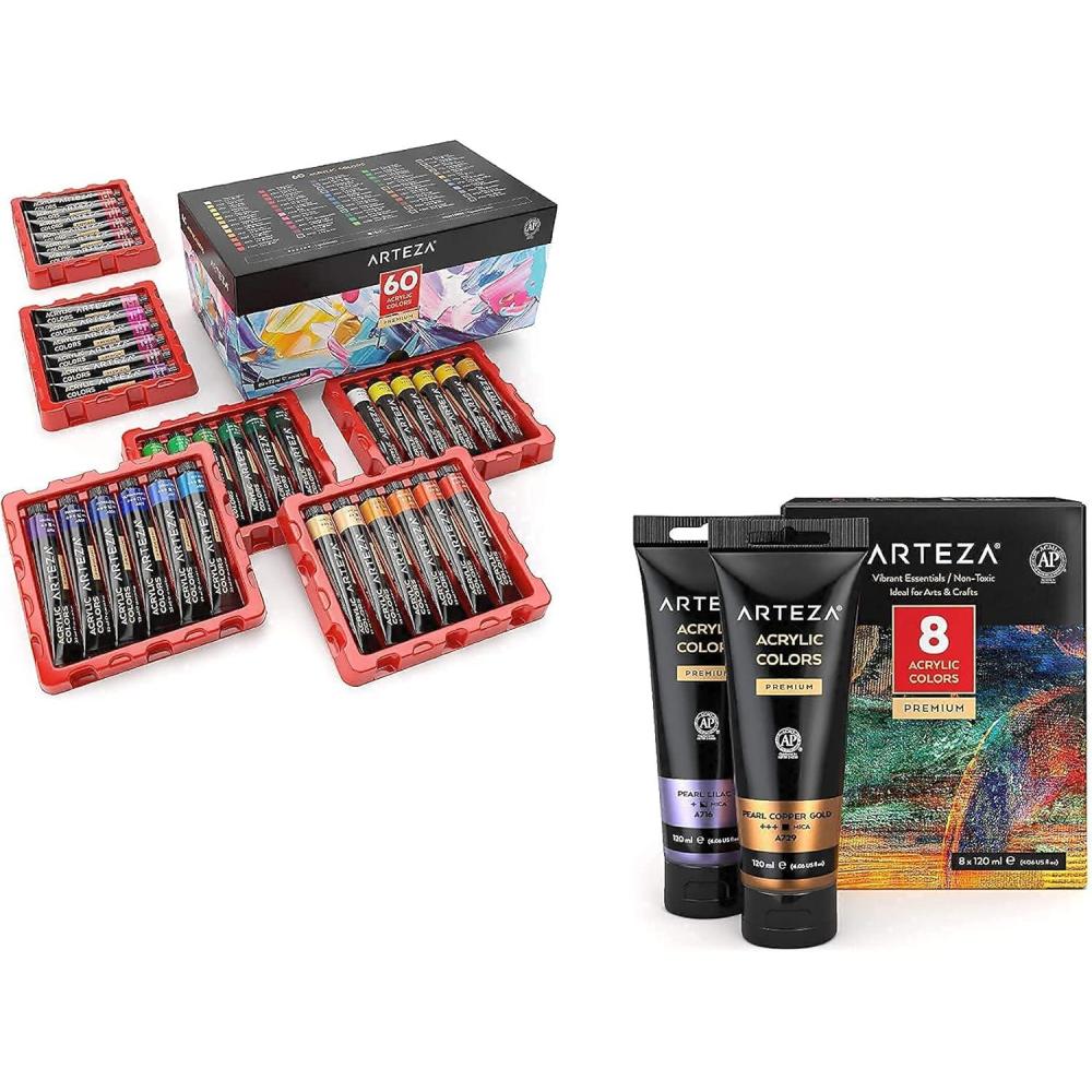 ARTEZA Metallic Acrylic Paint Set of 8 Vibrant Essentials Colors and Acrylic Paint Set of 60 Colors Bundle, Painting Art Supplies for Artist, Hobby Painters & Beginners