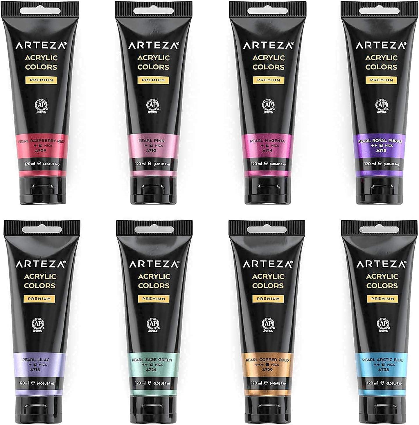 ARTEZA Metallic Acrylic Paint Set of 8 Vibrant Essentials Colors and Acrylic Paint Set of 60 Colors Bundle, Painting Art Supplies for Artist, Hobby Painters & Beginners