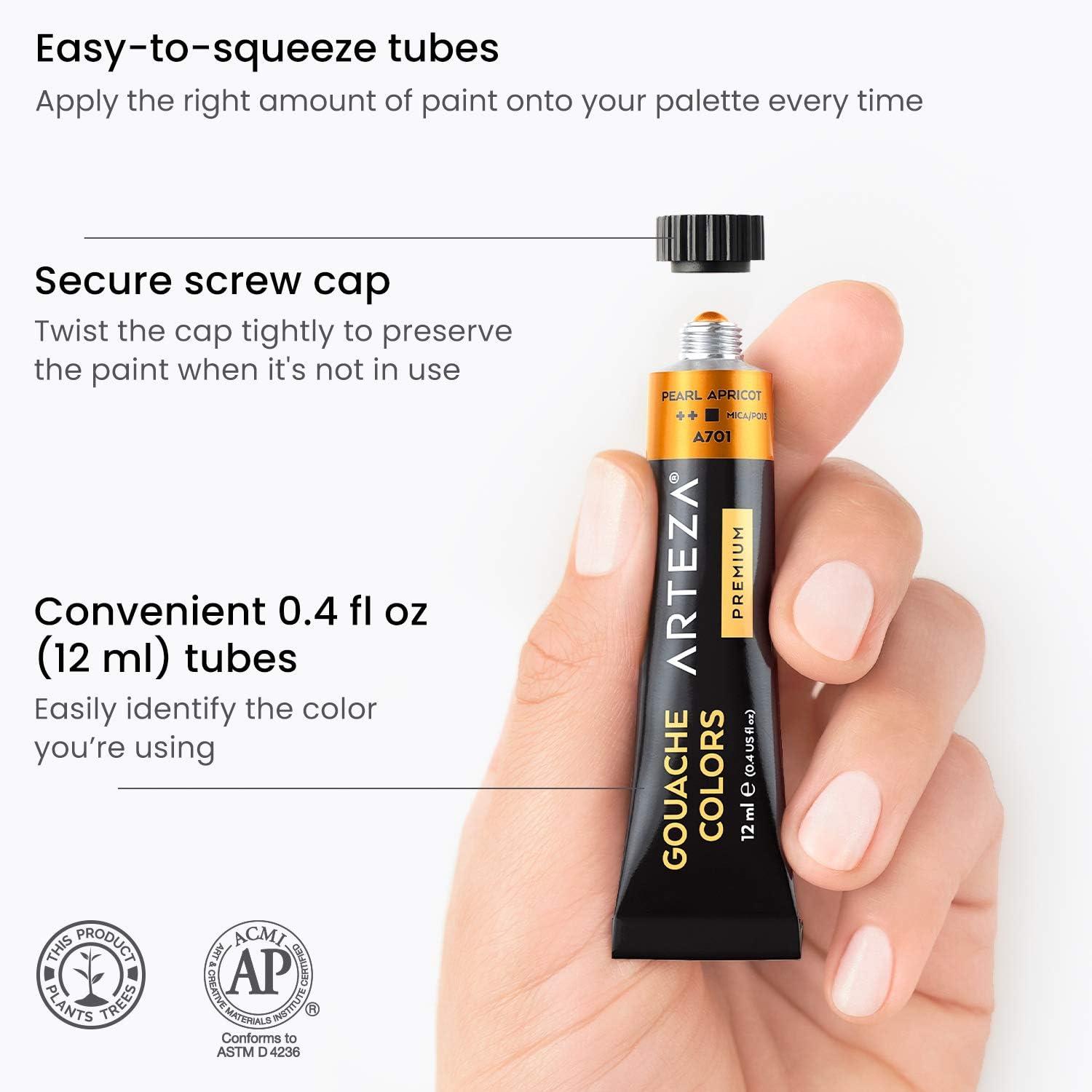 ARTEZA Metallic Gouache Paint, Set of 12, 12ml/0.4 US fl oz Gouache Paint Tubes, Glitter Paint for Canvas and Paper(0.4 Fl Oz (Pack of 12))