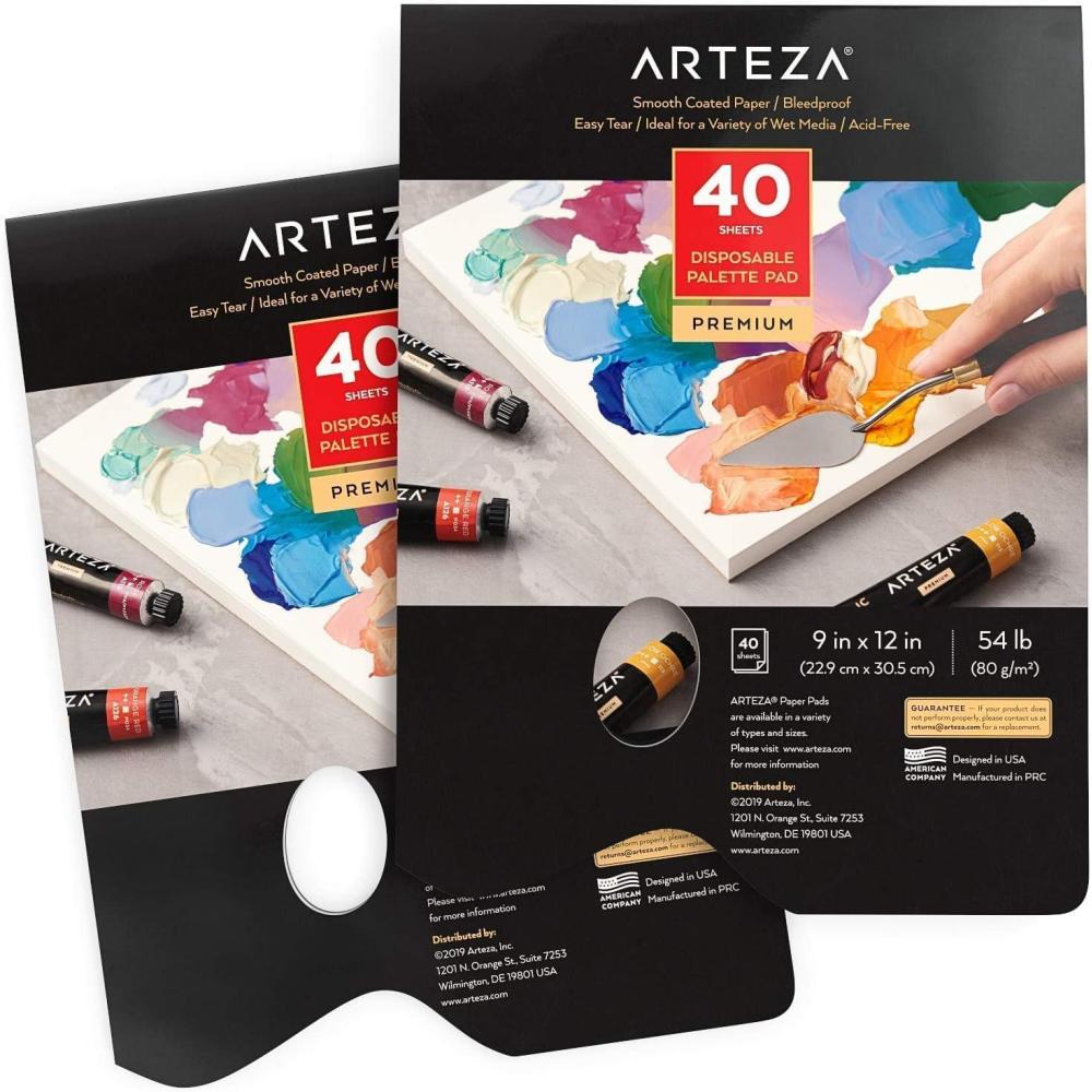 ARTEZA Disposable Palette Paper Pad, 9×12 Inch, Pack of 2, 80 Sheets, 54 lb, Glue-Bound, Bleed-Proof Paint Palette with Thumb Hole(22.9×30.5 cm  Pack of 2)