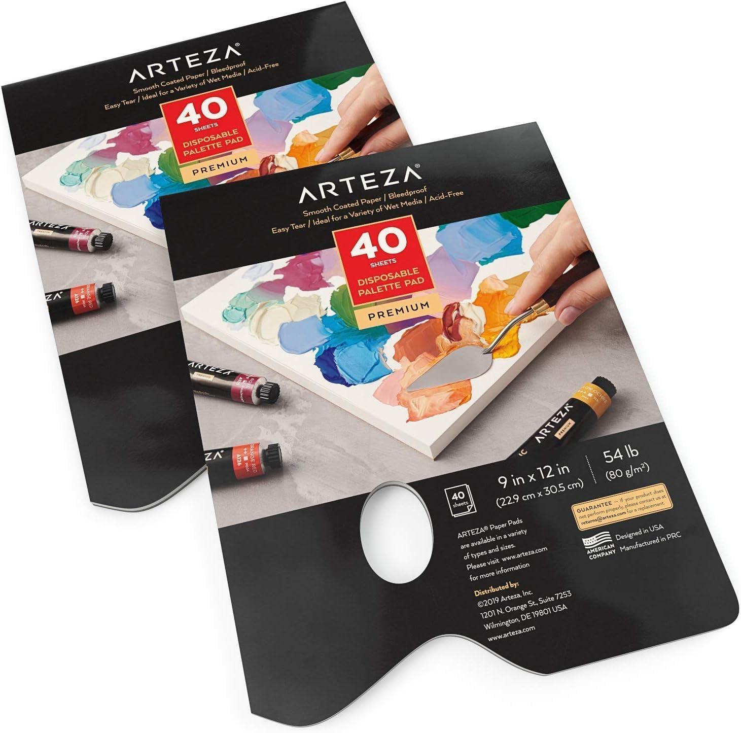 ARTEZA Disposable Palette Paper Pad, 9×12 Inch, Pack of 2, 80 Sheets, 54 lb, Glue-Bound, Bleed-Proof Paint Palette with Thumb Hole(22.9×30.5 cm  Pack of 2)