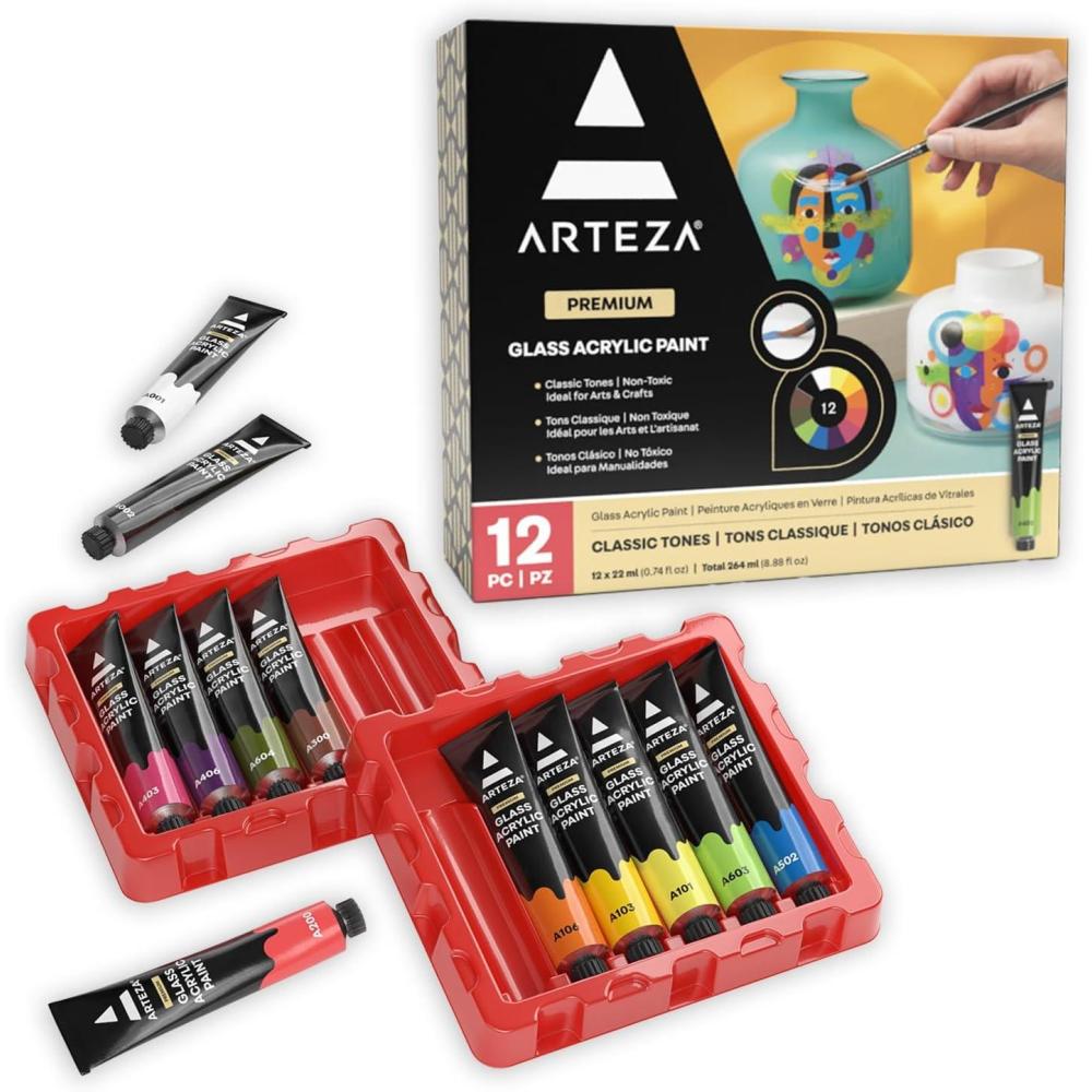 ARTEZA Glass Paint – Acrylic Paint Set of 12 Classic Colors, 0.74 Fluid Ounce Tubes, for Glass and Ceramics, for Artists, Crafters and Beginners