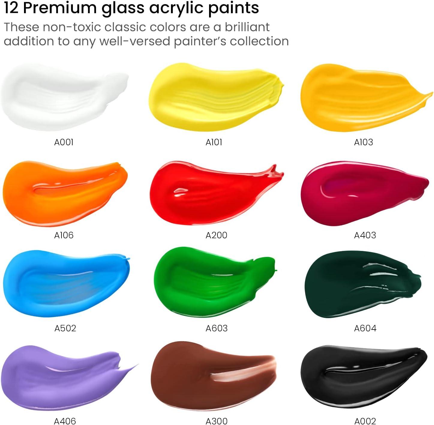 ARTEZA Glass Paint – Acrylic Paint Set of 12 Classic Colors, 0.74 Fluid Ounce Tubes, for Glass and Ceramics, for Artists, Crafters and Beginners