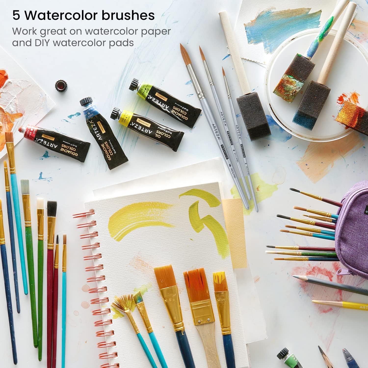 ARTEZA Paint Brush Set, 72 Brushes with Foam, Flat & Detail Tips, Mixed Handles, Art Brushes for Watercolor, Acrylic on Canvas, Paper or Wood(Watercolor Brushes Set A)