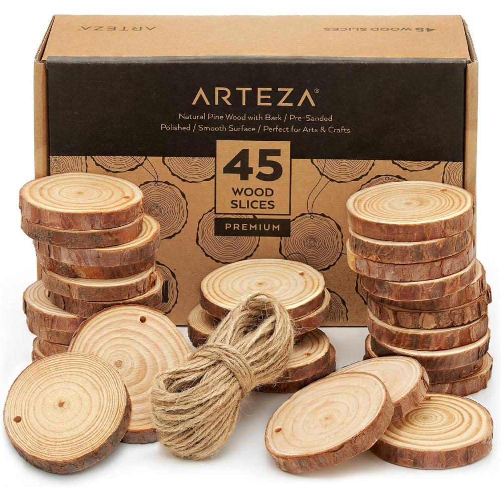 ARTEZA Natural Wood Slices, 3.5-4 Inch Diameter, Set of 25, Brown Round Pine Wood Discs with Bark for Crafts, Christmas Ornaments, Centerpieces(Small)