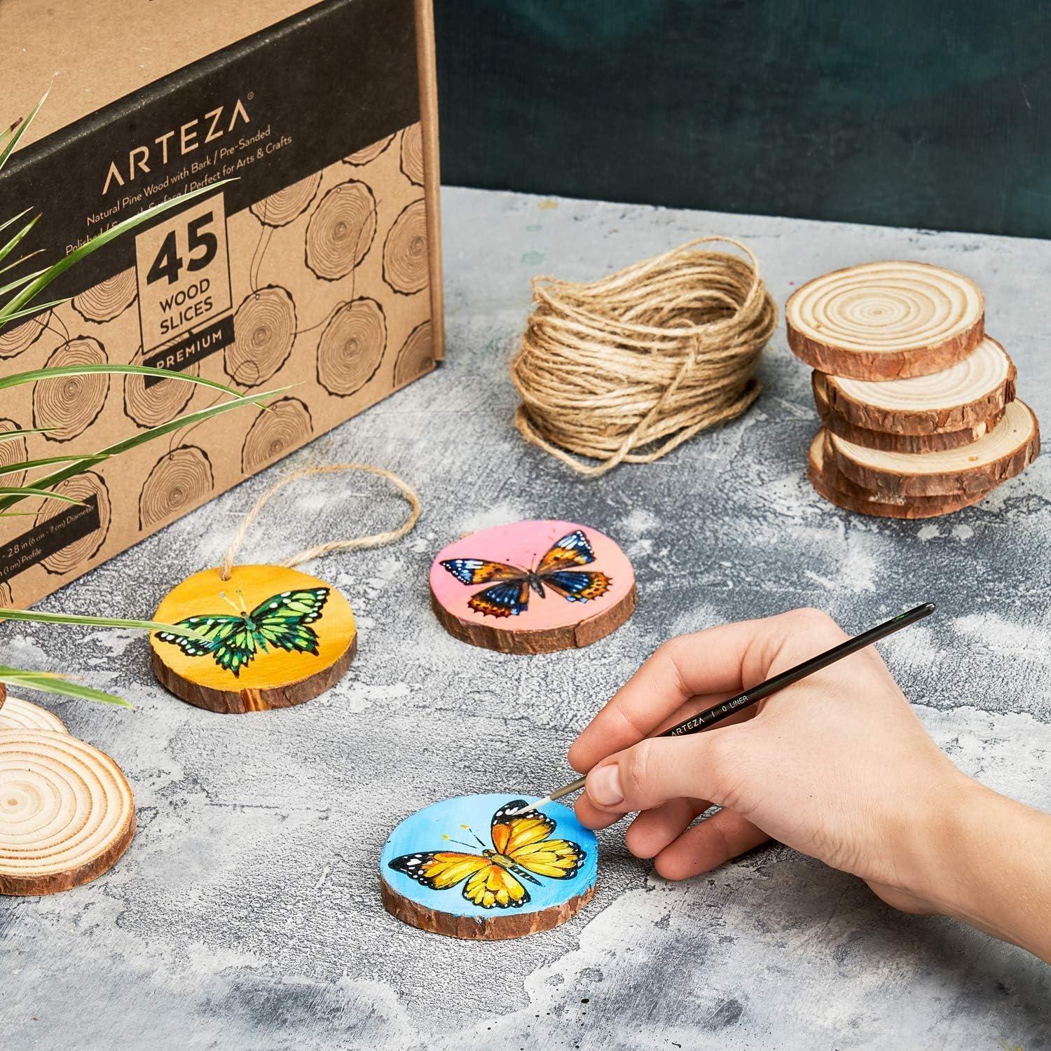 ARTEZA Natural Wood Slices, 3.5-4 Inch Diameter, Set of 25, Brown Round Pine Wood Discs with Bark for Crafts, Christmas Ornaments, Centerpieces(Small)