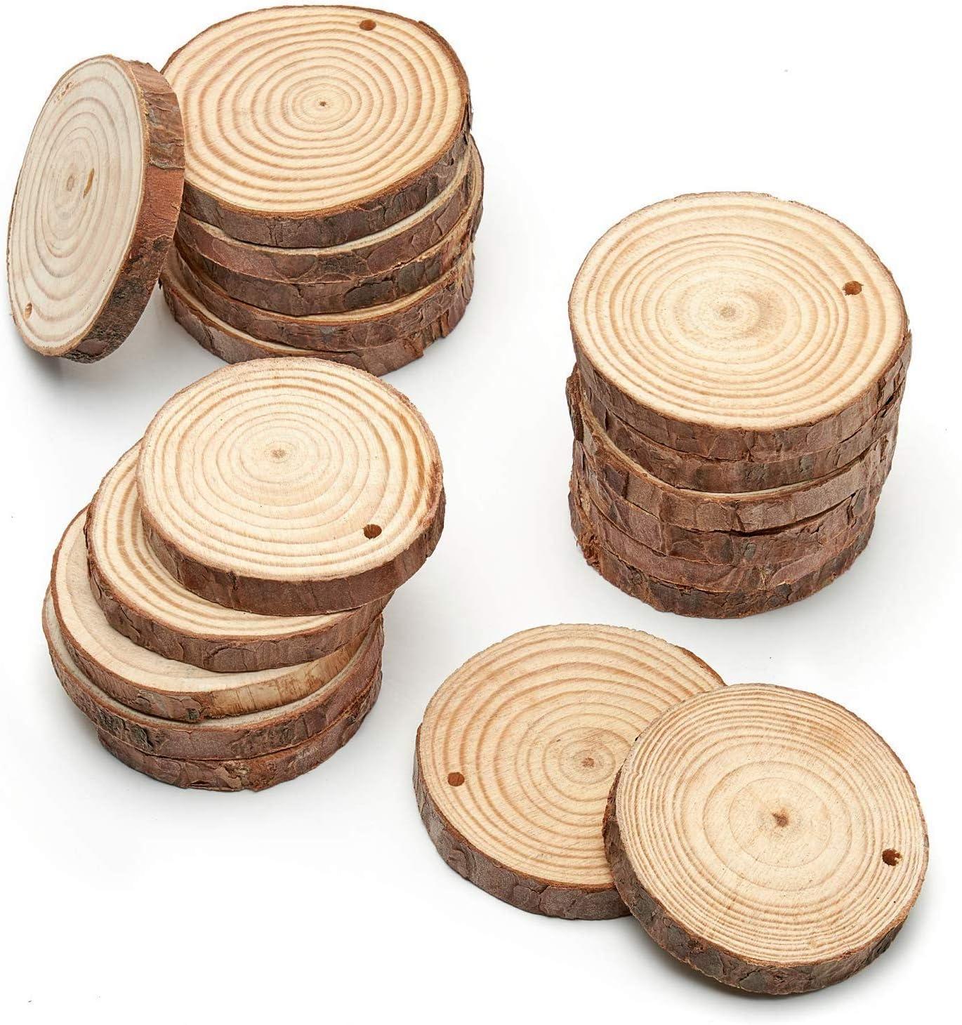 ARTEZA Natural Wood Slices, 3.5-4 Inch Diameter, Set of 25, Brown Round Pine Wood Discs with Bark for Crafts, Christmas Ornaments, Centerpieces(Small)