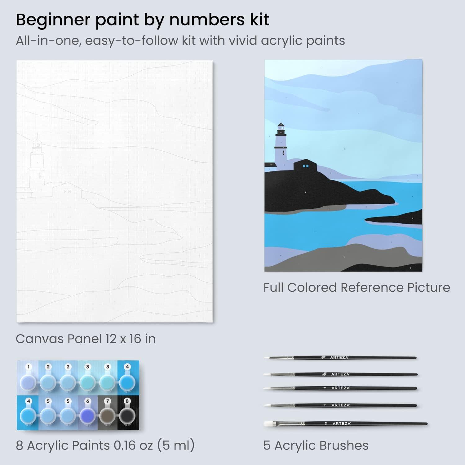 ARTEZA Paint by Numbers Kit, 12×16 Inches, 21 Pieces, Monstera Canvas Painting Kit, Canvas Panel, 12 Acrylic Paint Pots, 5 Paintbrushes, Art Supplies for a Meditative and Calming(Coastal Landscape)