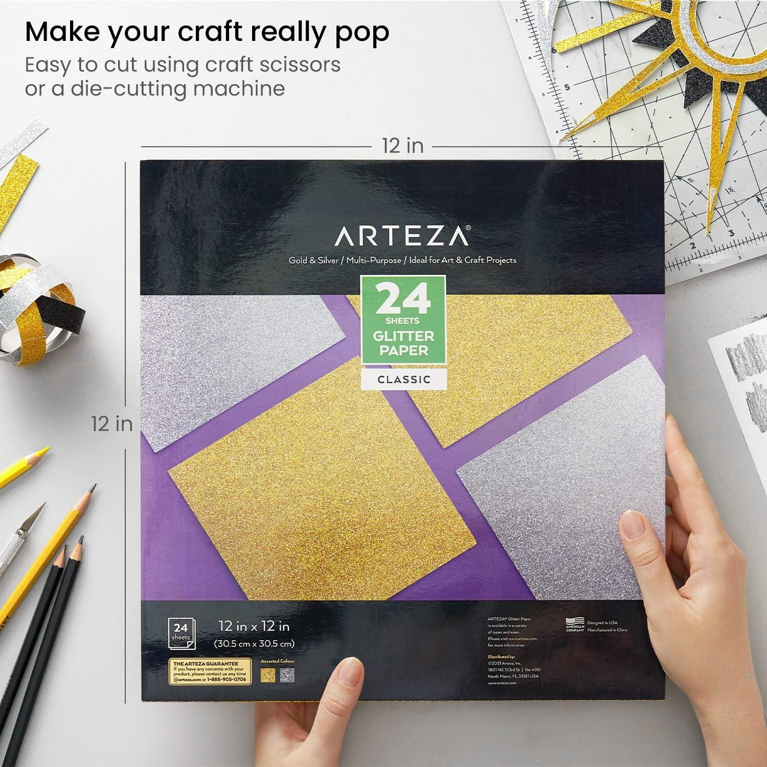 Arteza Glitter Paper, 24 Sheets, 12 x 12 Inches, Gold and Silver Scrapbook Paper, Arts and Crafts Supplies for Holiday Decor, Decoupage, and DIY Projects(Gold & Silver)