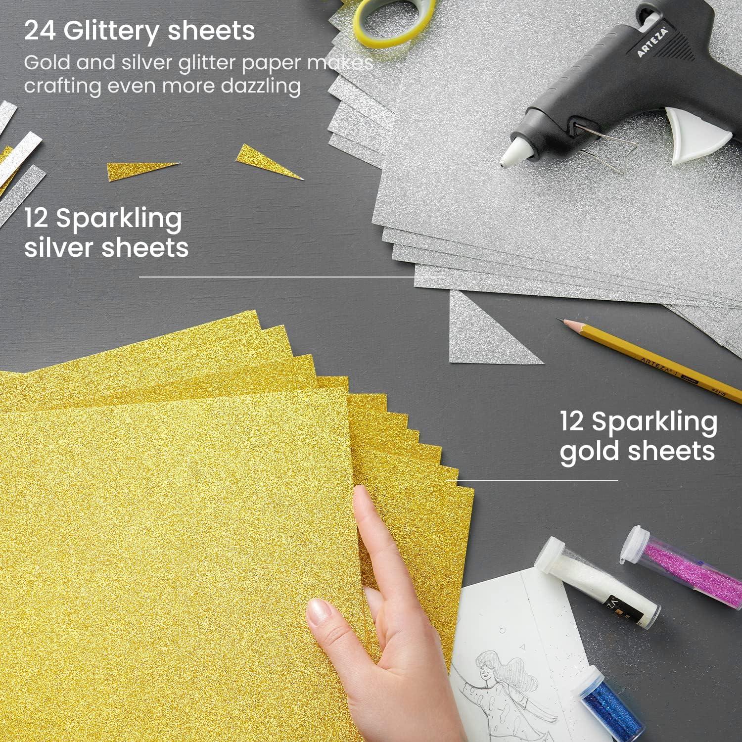 Arteza Glitter Paper, 24 Sheets, 12 x 12 Inches, Gold and Silver Scrapbook Paper, Arts and Crafts Supplies for Holiday Decor, Decoupage, and DIY Projects(Gold & Silver)