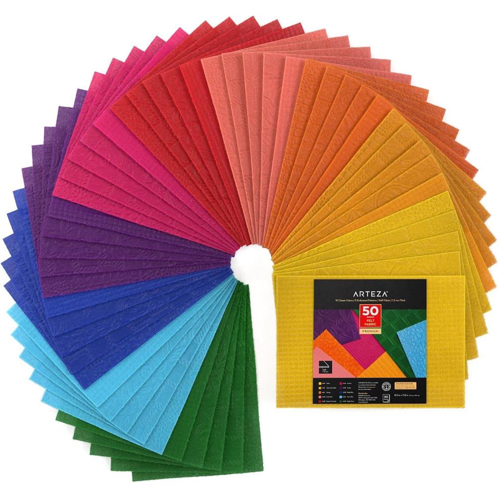 ARTEZA Craft Felt Sheets, 8.3 x 11.8 Inches, Set of 50, 5 Patterns, 10 Classic Colors, Stiff Non Woven Felt Fabric for Sewing and DIY Projects