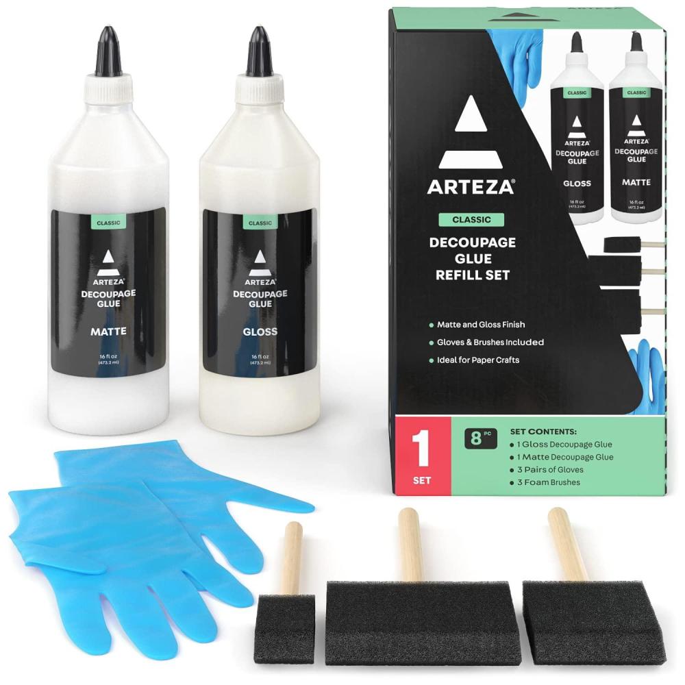 Arteza Decoupage Glue Refill Kit, 1 Gloss- and 1 Matte-Finish Glue, 16-oz Bottles, 3 Foam Brushes, 3 Pairs of Gloves, Art Supplies for Decoupaging on Glass and Furniture, with Fabric and Tissue Paper(Refill Kit)