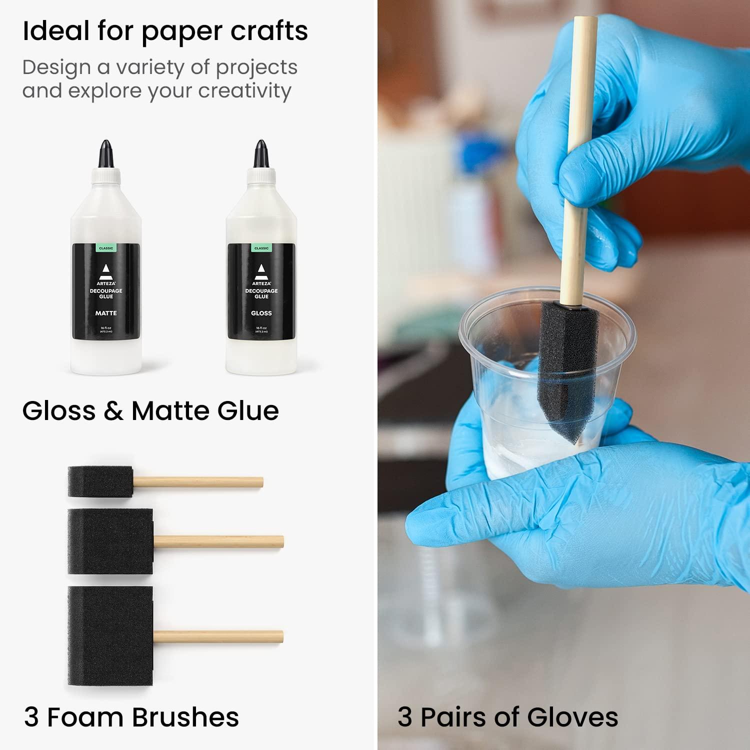 Arteza Decoupage Glue Refill Kit, 1 Gloss- and 1 Matte-Finish Glue, 16-oz Bottles, 3 Foam Brushes, 3 Pairs of Gloves, Art Supplies for Decoupaging on Glass and Furniture, with Fabric and Tissue Paper(Refill Kit)