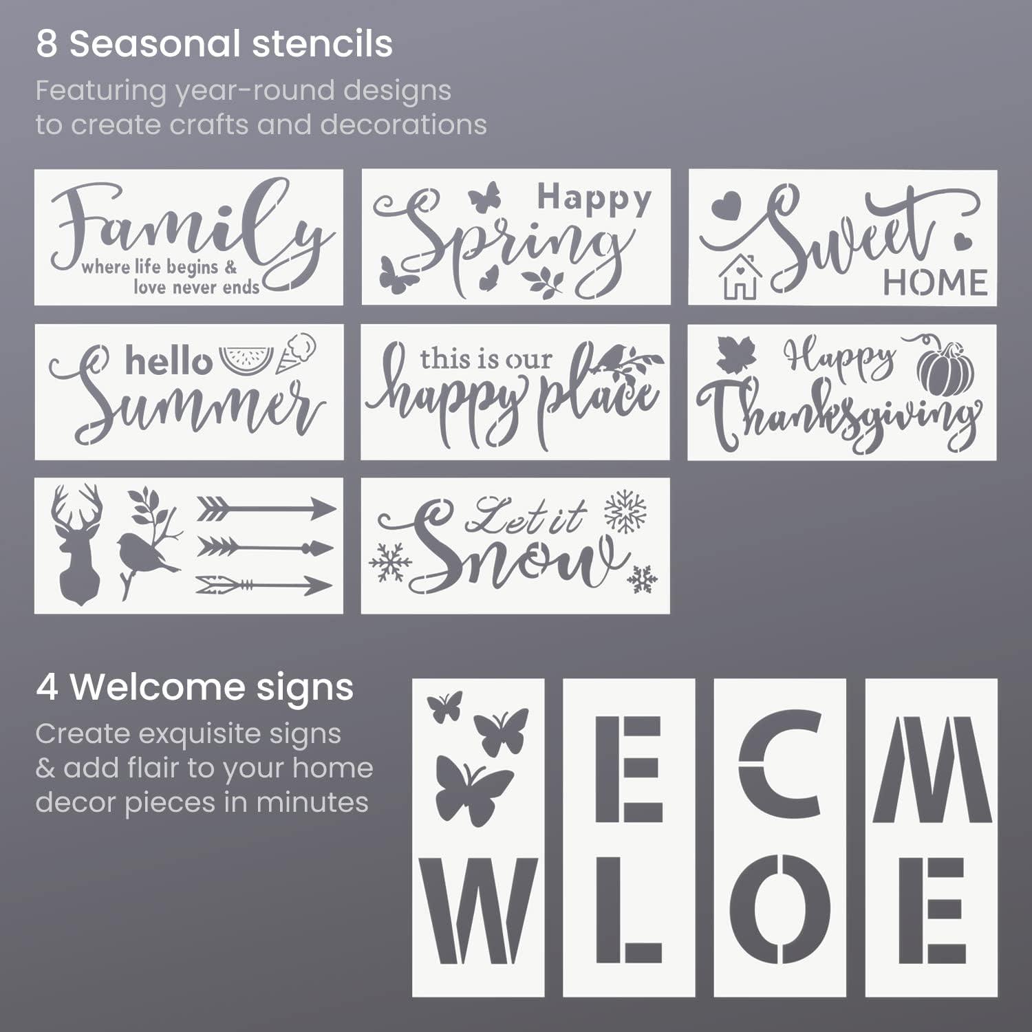 Arteza Stencils for Painting, 12 Unique Holiday Designs, 15.9 x 13.78 Inches, Thick Plastic Holiday Stencils, Art Supplies for Christmas Parties, Family Activities(Holiday Designs)