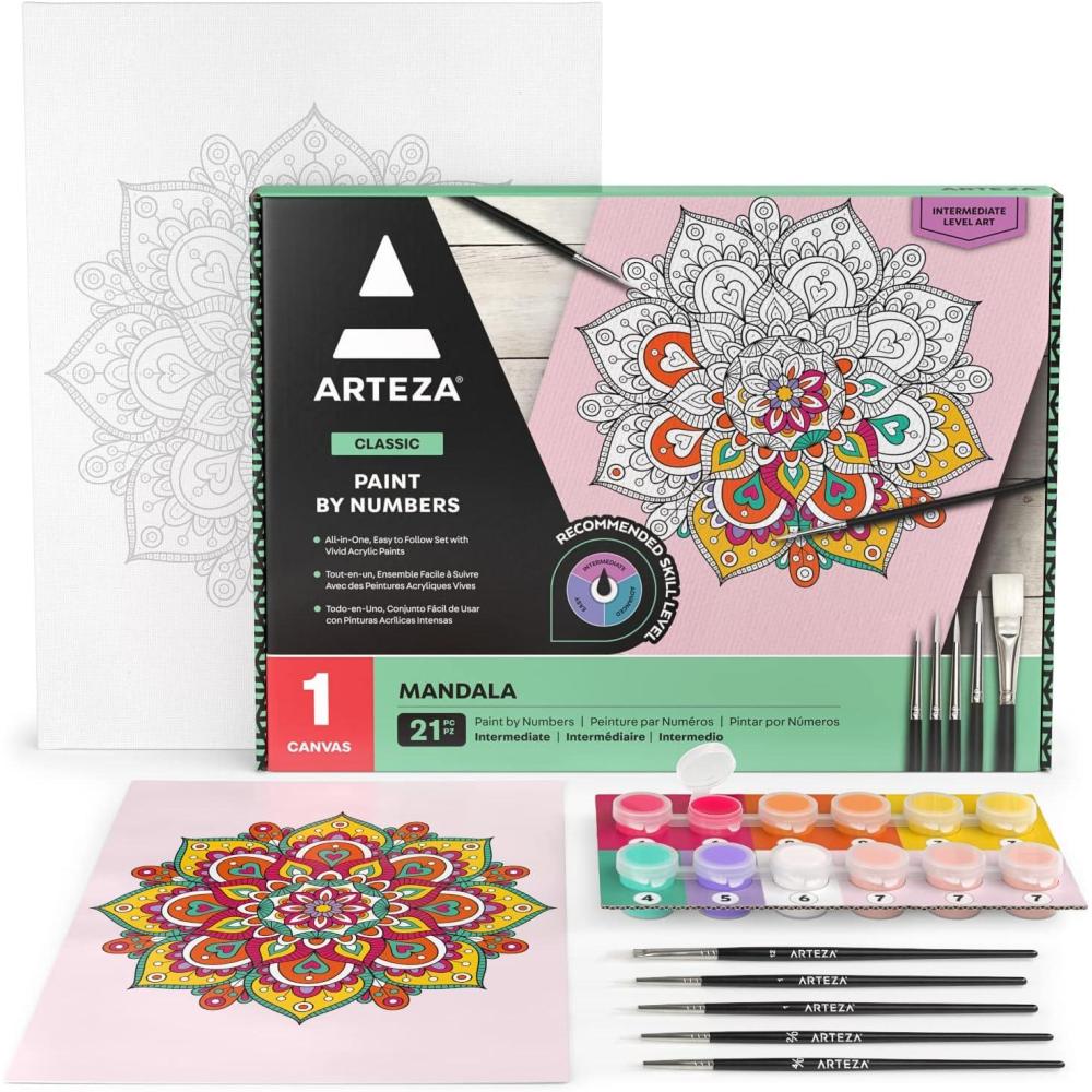 ARTEZA Paint by Numbers Kit, 12×16 Inches, 21 Pieces, Monstera Canvas Painting Kit, Canvas Panel, 12 Acrylic Paint Pots, 5 Paintbrushes, Art Supplies for a Meditative and Calming(Mandala)