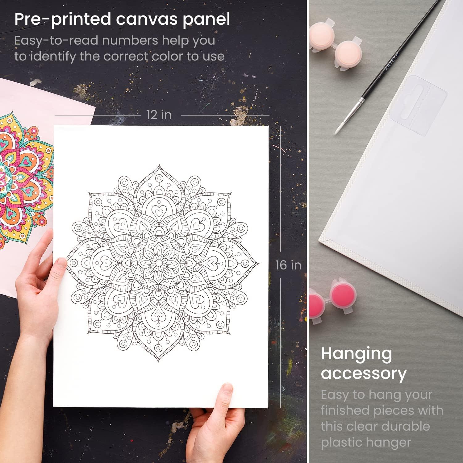 ARTEZA Paint by Numbers Kit, 12×16 Inches, 21 Pieces, Monstera Canvas Painting Kit, Canvas Panel, 12 Acrylic Paint Pots, 5 Paintbrushes, Art Supplies for a Meditative and Calming(Mandala)
