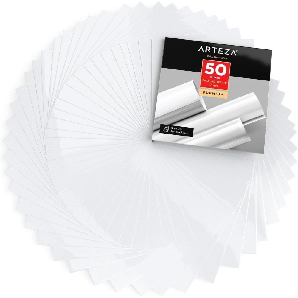 ARTEZA Self Adhesive Vinyl Sheets, 12 x 12 Inches, Pack of 50, Glossy White, Waterproof and Easy to Weed and Cut, SAV for DIY Projects