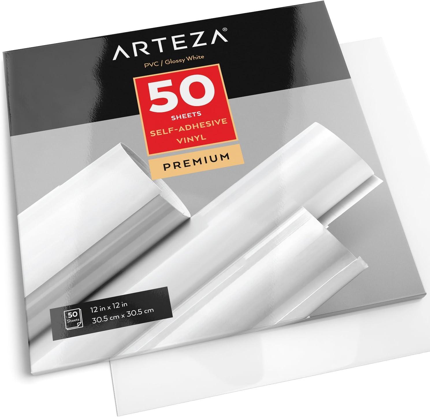 ARTEZA Self Adhesive Vinyl Sheets, 12 x 12 Inches, Pack of 50, Glossy White, Waterproof and Easy to Weed and Cut, SAV for DIY Projects