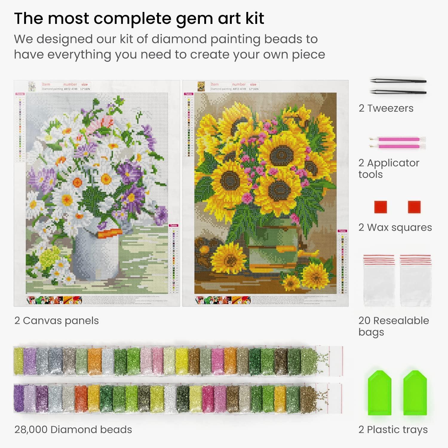 ARTEZA 5D Diamond Painting Kit, 2-Pack, Beach Designs, Full-Drill Diamond Art for Adults, 12 x 16 Inches Canvases, Round Rhinestones, & Painting Accessories, Bead Art Craft Supplies(Daisy and Sunflower)