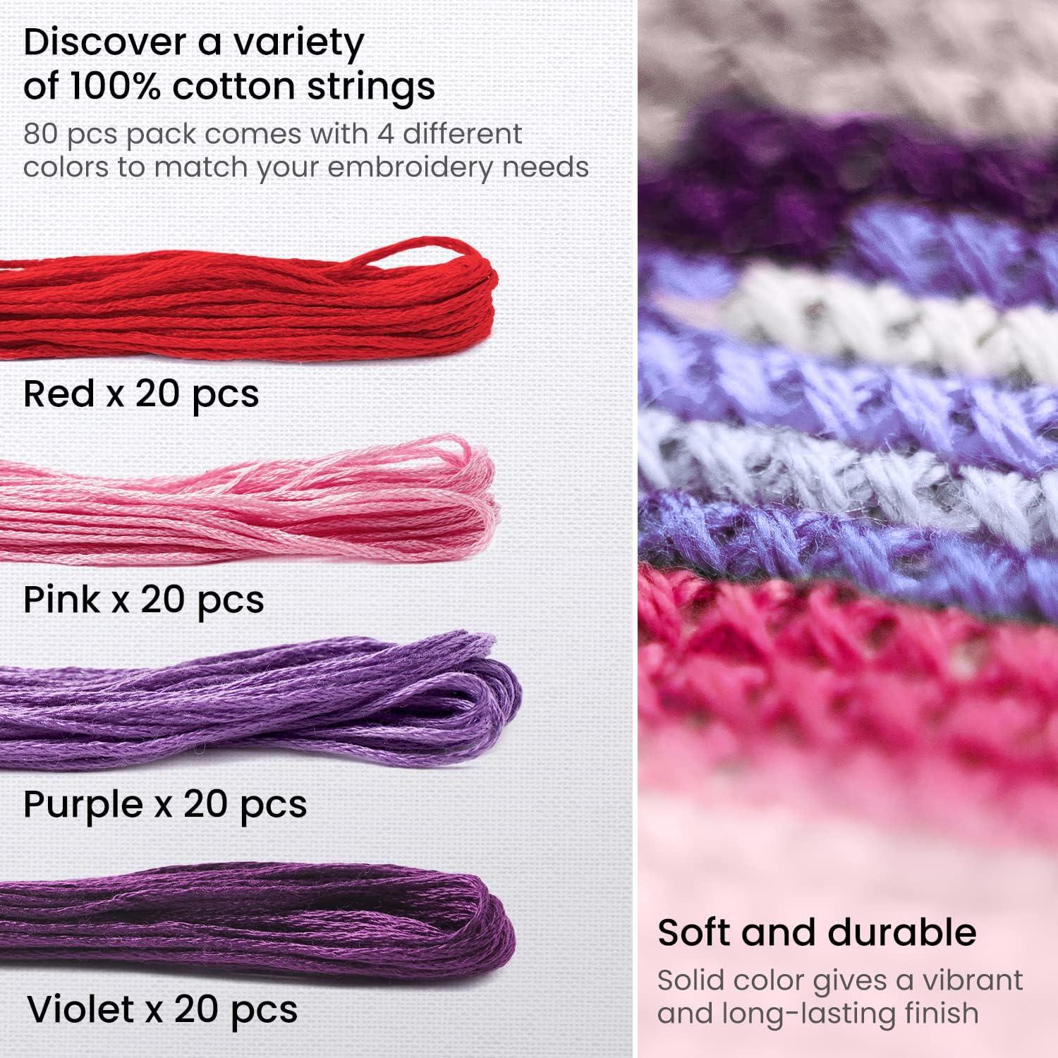 ARTEZA Embroidery Thread 80 Skeins – 100% Mercerized Cotton Floss in Black, White, Dark Gray & Light Gray – for Cross Stitch, Needlework, Jewelry and Crafts(Red)