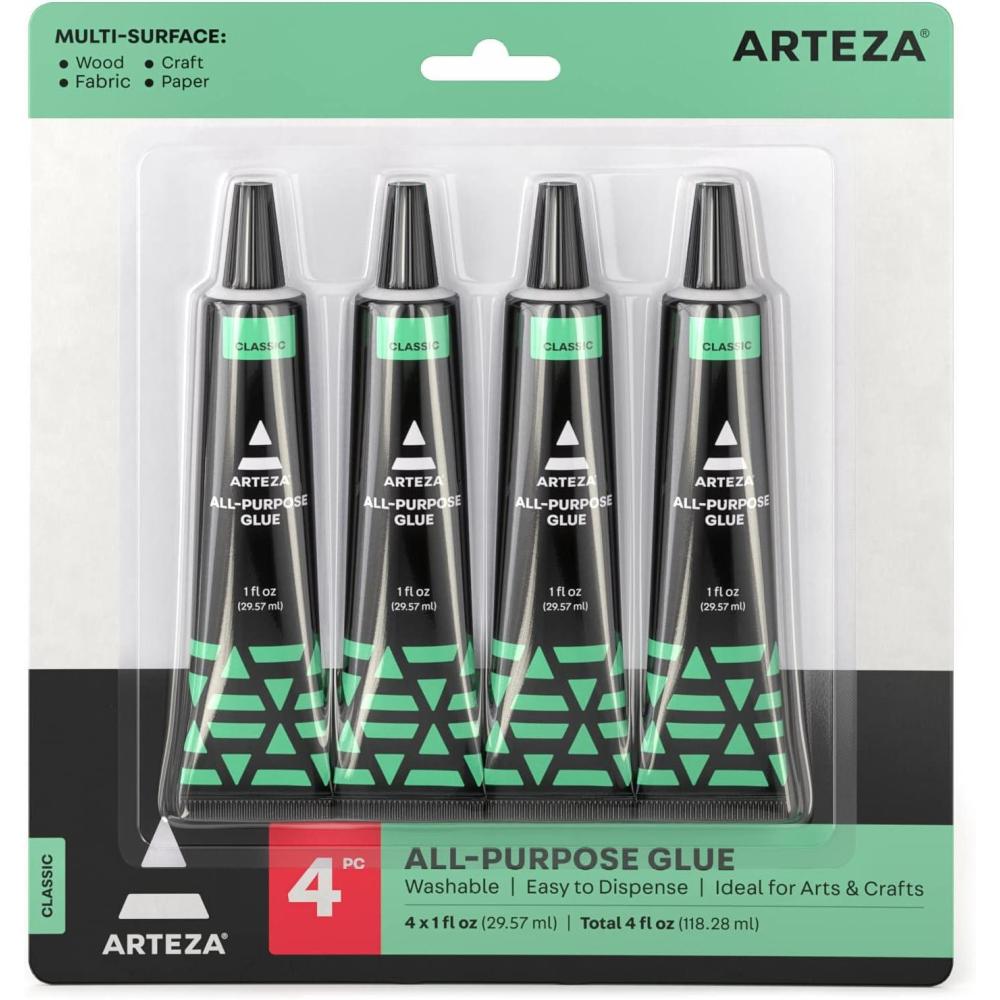 ARTEZA All-Purpose Craft Glue, 4-Pack, Fast-Drying Clear Glue for Crafts, Ideal for Wood, Fabric, Plastic, Glass, Metal, Ceramic, Jewelry, Model, Paper, Fabric Fusion and No Sew Projects
