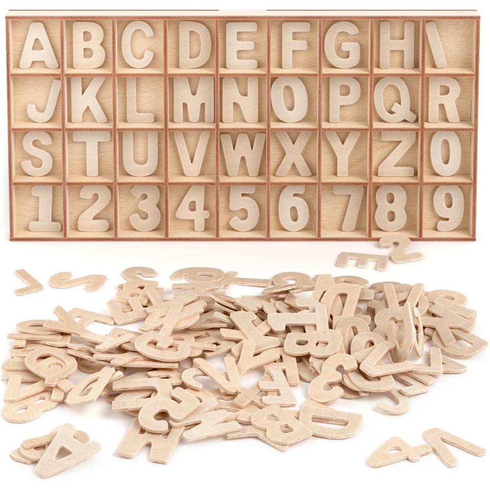 ARTEZA Wooden Letters and Numbers, 144 Unfinished Wood Pieces, 104 Letters, 40 Numbers, Poplar Plywood for Art Projects and DIY Gifts