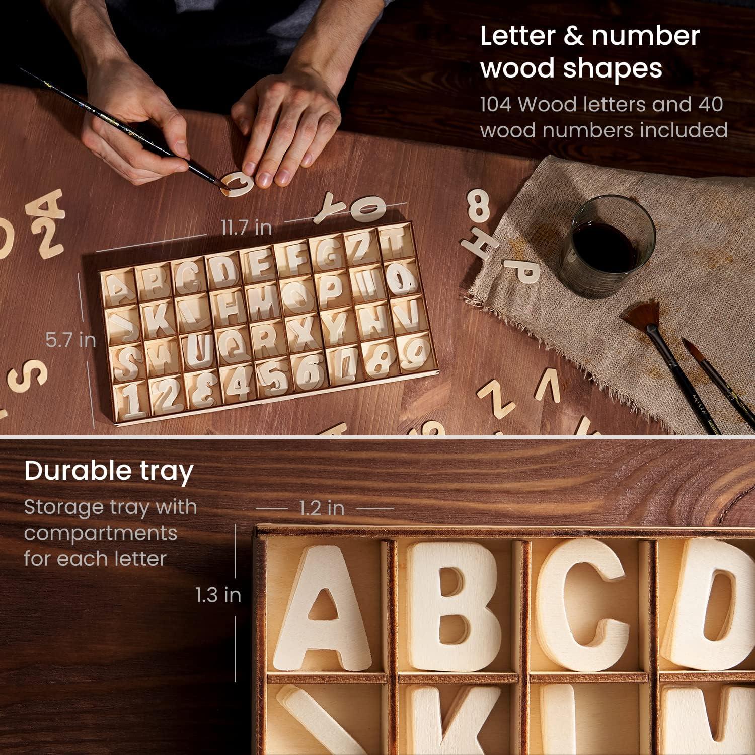 ARTEZA Wooden Letters and Numbers, 144 Unfinished Wood Pieces, 104 Letters, 40 Numbers, Poplar Plywood for Art Projects and DIY Gifts