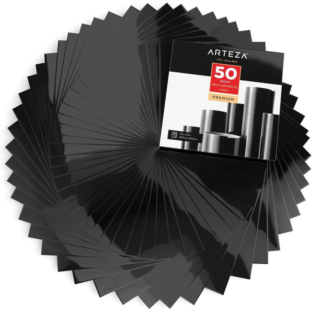 Arteza Self Adhesive Vinyl Sheets, 12″x12″, Glossy Black, Pack of 50, Waterproof and Easy to Weed & Cut, for Indoor & Outdoor Projects, Compatible with Different Craft Cutters