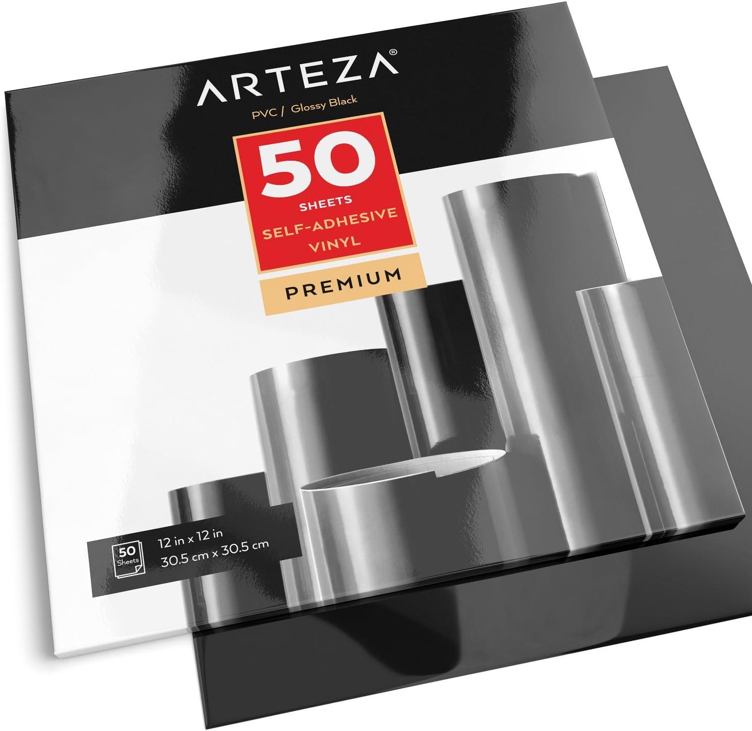 Arteza Self Adhesive Vinyl Sheets, 12″x12″, Glossy Black, Pack of 50, Waterproof and Easy to Weed & Cut, for Indoor & Outdoor Projects, Compatible with Different Craft Cutters