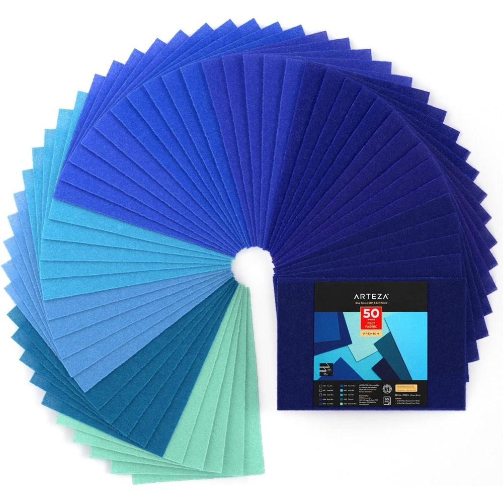 ARTEZA Blue Craft Felt Sheets, 8.3 x 11.8 Inches, Set of 50, 20 Soft and 30 Stiff Non Woven Felt Fabric for Sewing and DIY Projects