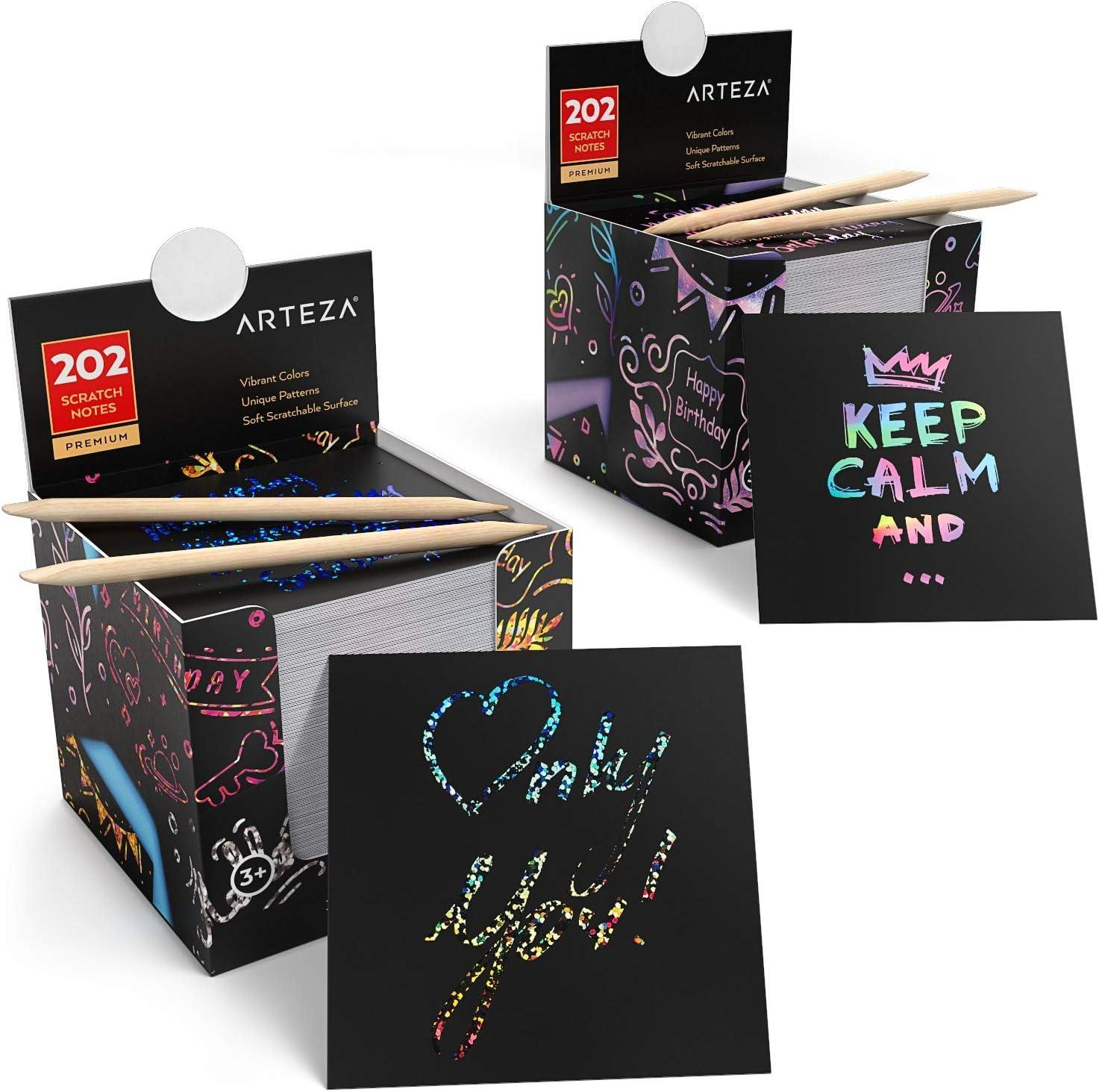 ARTEZA Scratch Paper Set, 404 Scratch-Off Notes, 3.5 x 3.5 Inches, 200 Rainbow-Themed, 200 Holographic