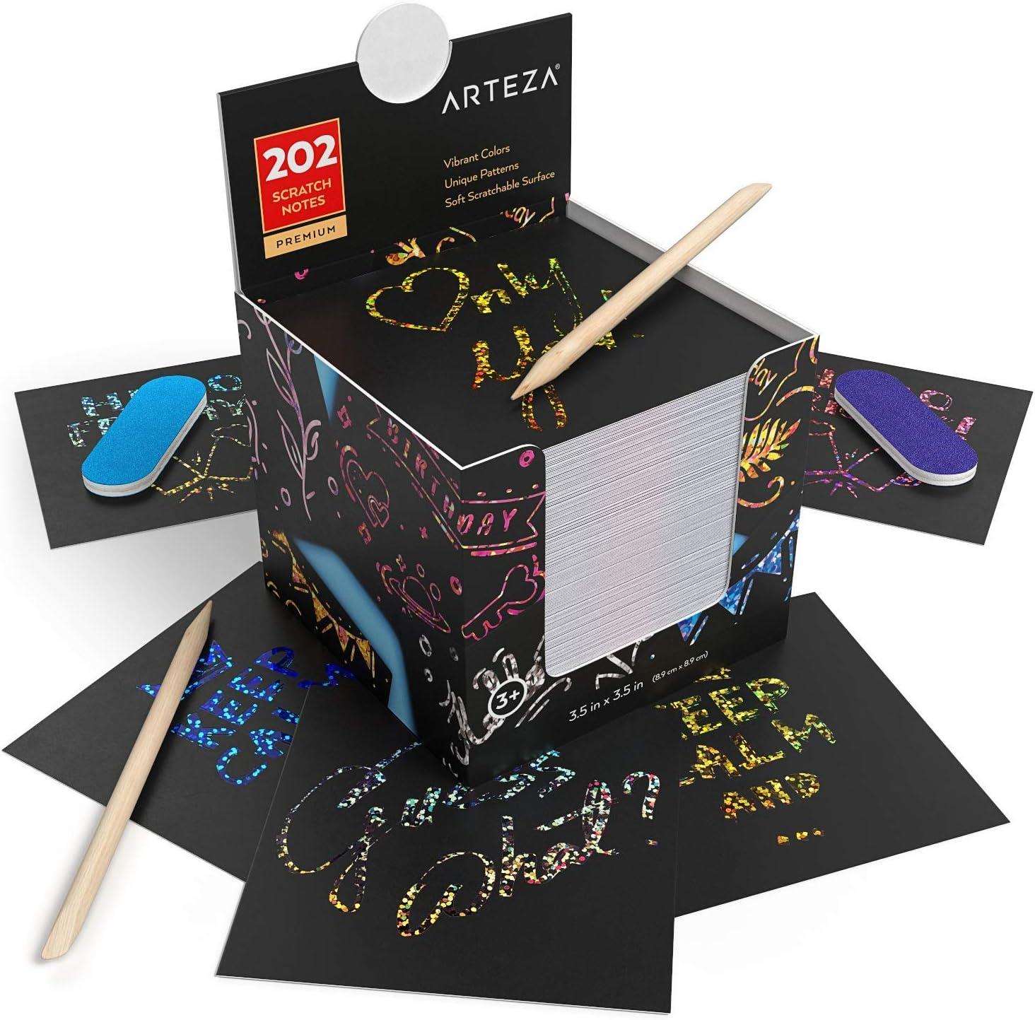 ARTEZA Scratch Paper Set, 404 Scratch-Off Notes, 3.5 x 3.5 Inches, 200 Rainbow-Themed, 200 Holographic
