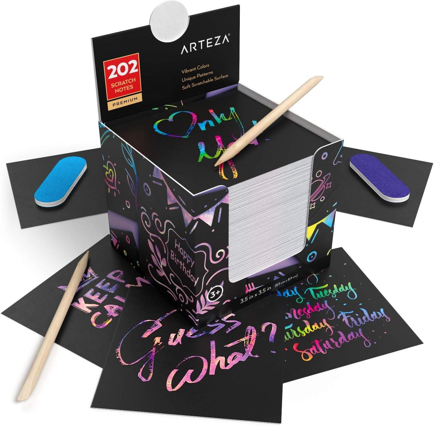 ARTEZA Scratch Paper Set, 404 Scratch-Off Notes, 3.5 x 3.5 Inches, 200 Rainbow-Themed, 200 Holographic