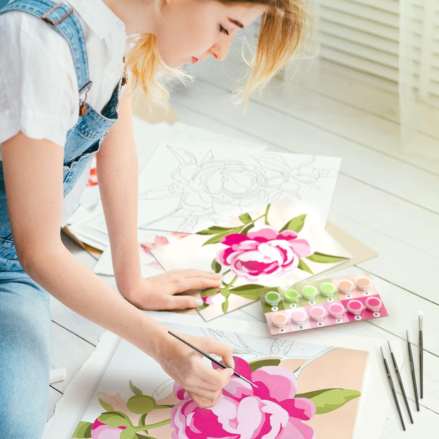 ARTEZA Paint by Numbers Kit, 12×16 Inches, 21 Pieces, Monstera Canvas Painting Kit, Canvas Panel, 12 Acrylic Paint Pots, 5 Paintbrushes, Art Supplies for a Meditative and Calming(Floral)