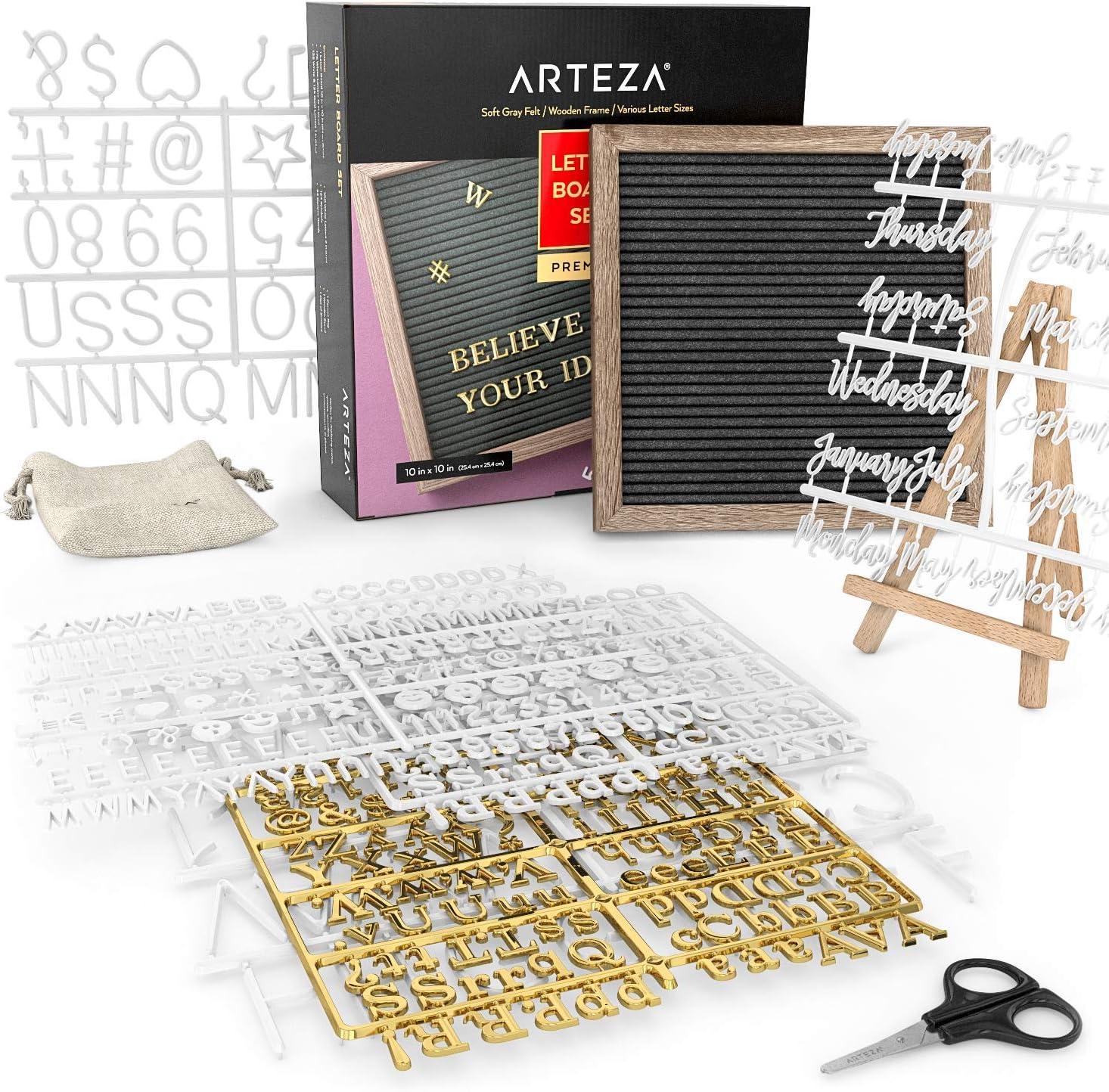 Arteza Gray Felt Letter Board Set, 10×10 Inches, With 526 Changeable Letters, 164 Symbols, 33 Cursive Words, Wooden Stand, Scissors & Storage Bag, Message Board for Signs, Decor & Menus(Gray)