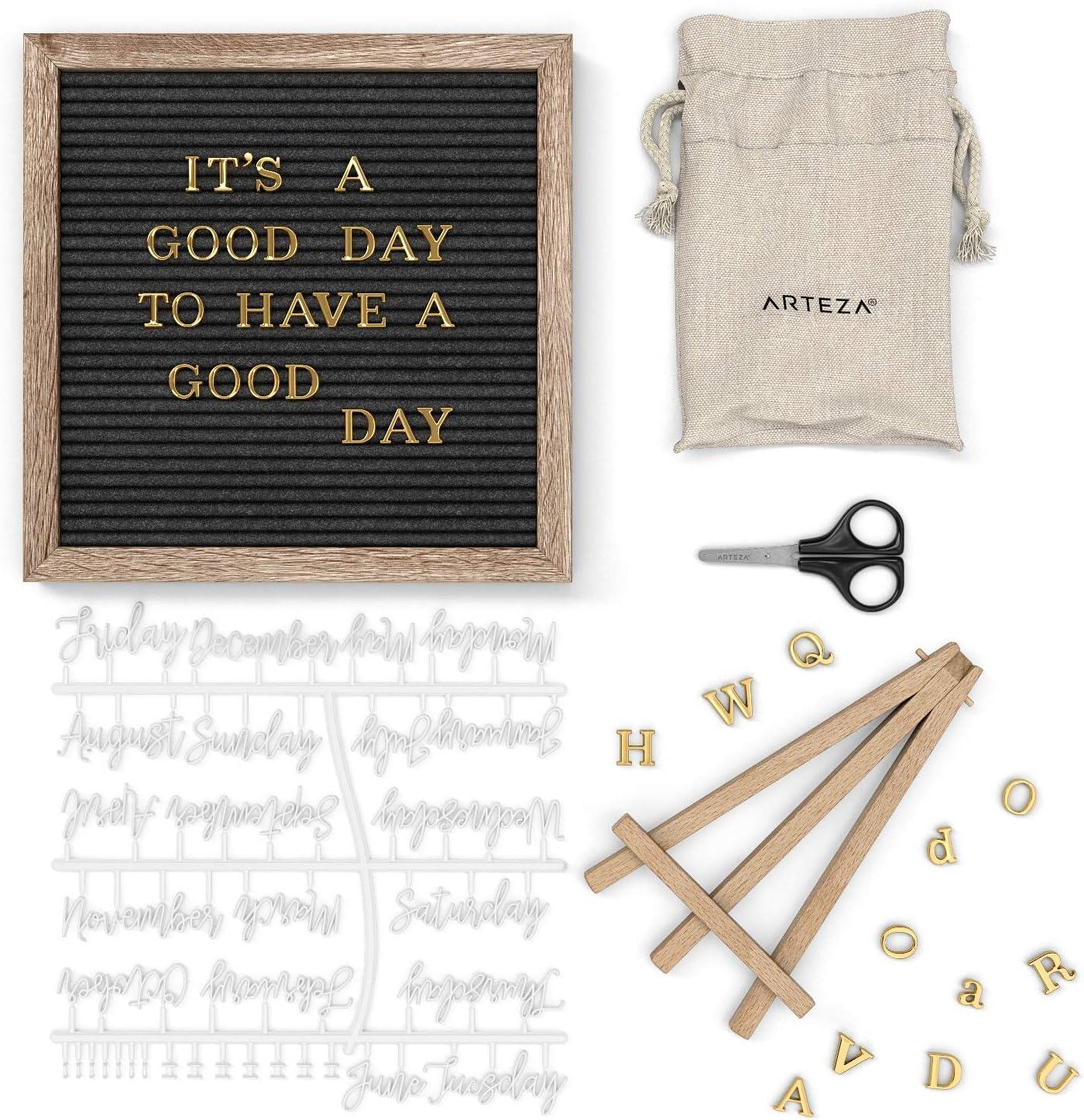 Arteza Gray Felt Letter Board Set, 10×10 Inches, With 526 Changeable Letters, 164 Symbols, 33 Cursive Words, Wooden Stand, Scissors & Storage Bag, Message Board for Signs, Decor & Menus(Gray)