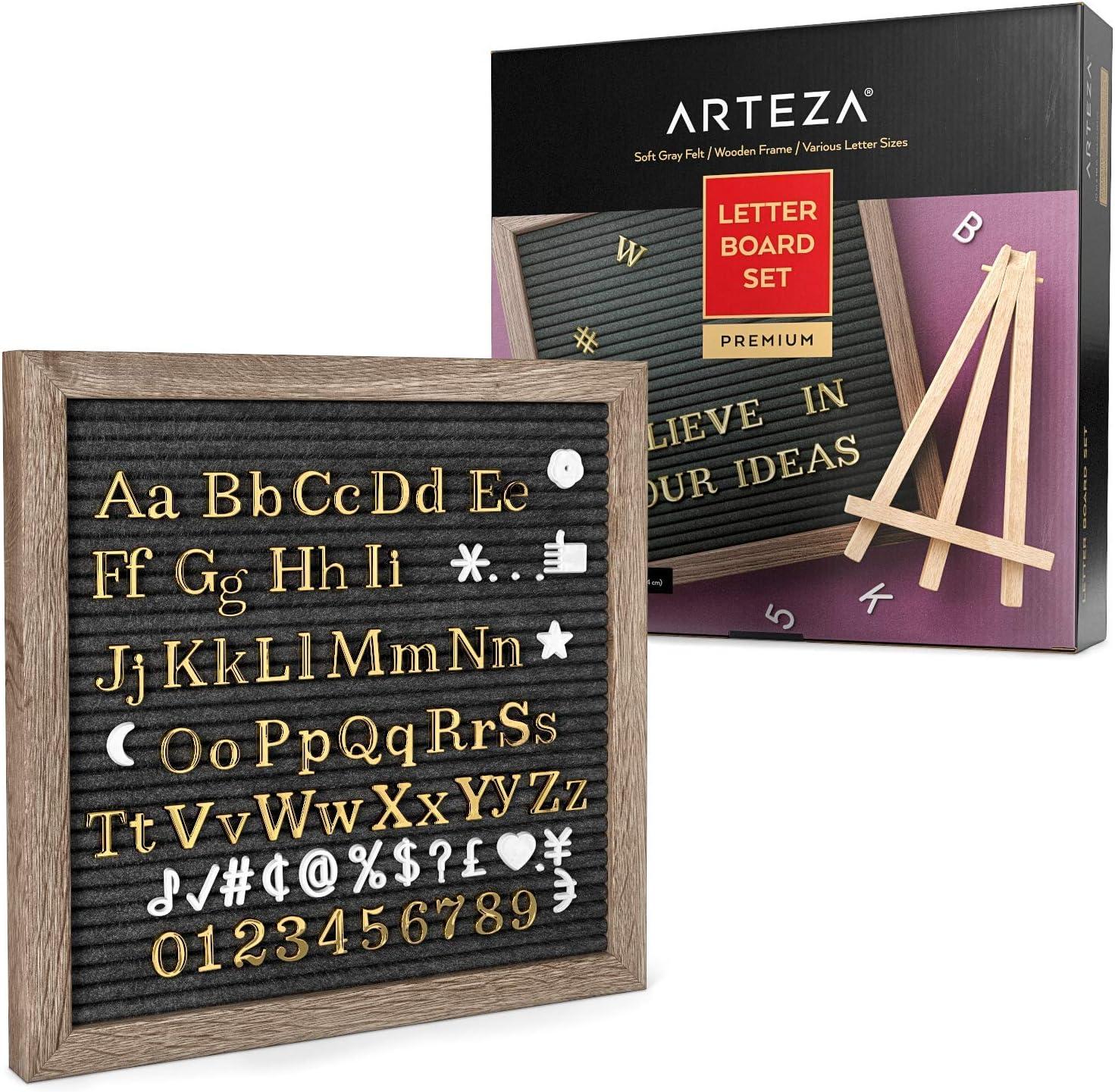 Arteza Gray Felt Letter Board Set, 10×10 Inches, With 526 Changeable Letters, 164 Symbols, 33 Cursive Words, Wooden Stand, Scissors & Storage Bag, Message Board for Signs, Decor & Menus(Gray)