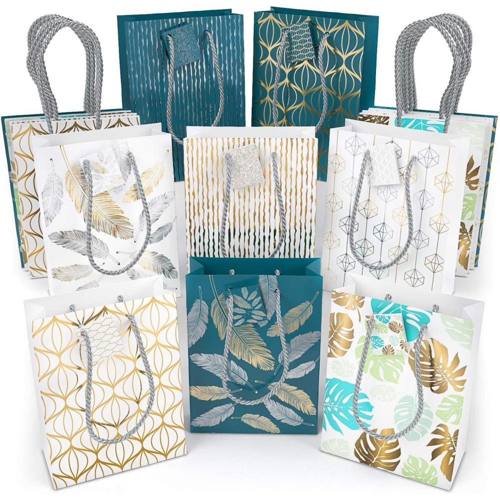 Arteza Gift Bags 9.5x7x3.4, Set of 15 Bags (5 White Designs, 3 Pieces in Each Style), Perfect for Any Holiday Occasion, Graduations, Birthday Parties, and More (2 of Each Style)