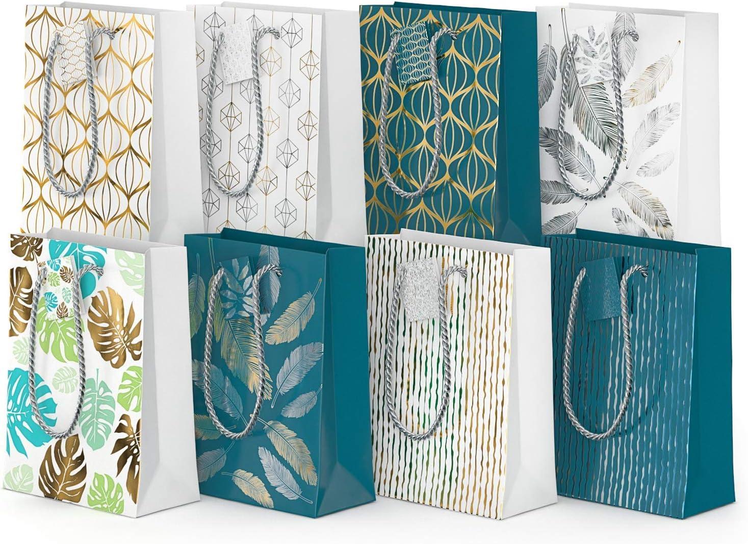 Arteza Gift Bags 9.5x7x3.4, Set of 15 Bags (5 White Designs, 3 Pieces in Each Style), Perfect for Any Holiday Occasion, Graduations, Birthday Parties, and More (2 of Each Style)